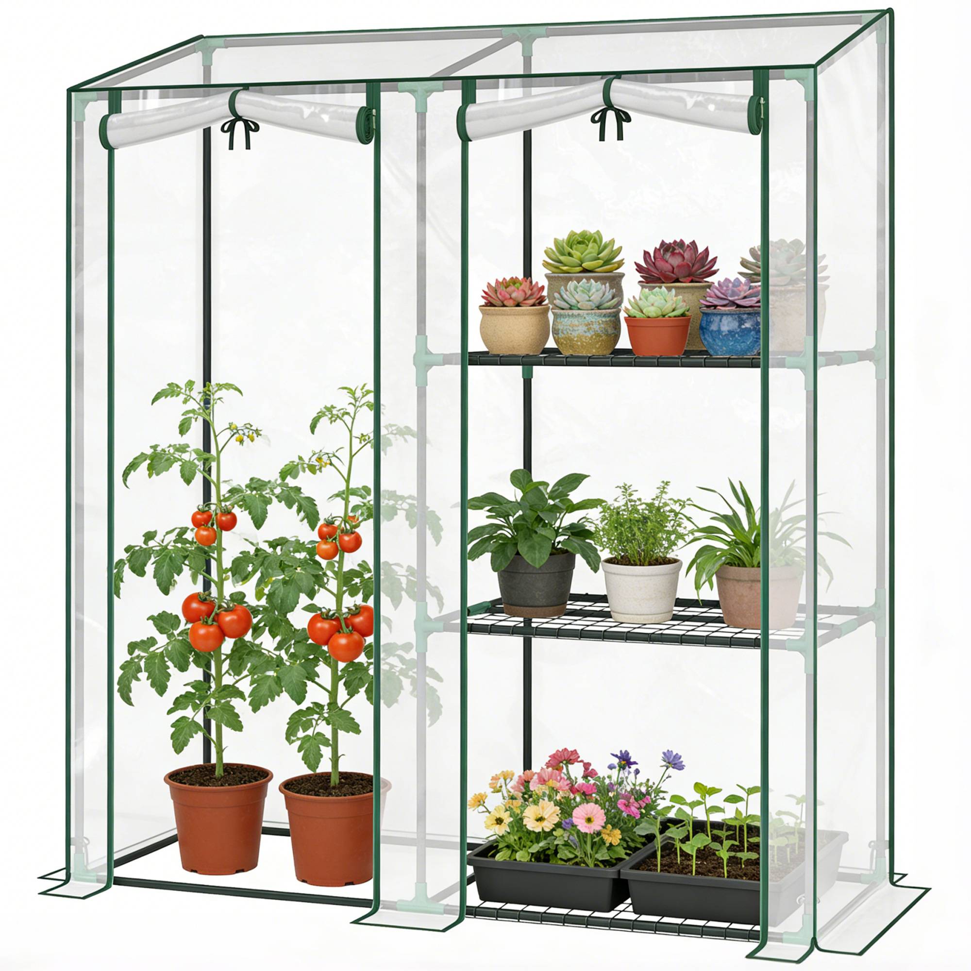 Sans Marque - Serre de Jardin avec étagères 3 niveaux, Petite Serre en Bâche PVC et Châssis Acier, 2 Portes Roulantes, Transparent - Image 2