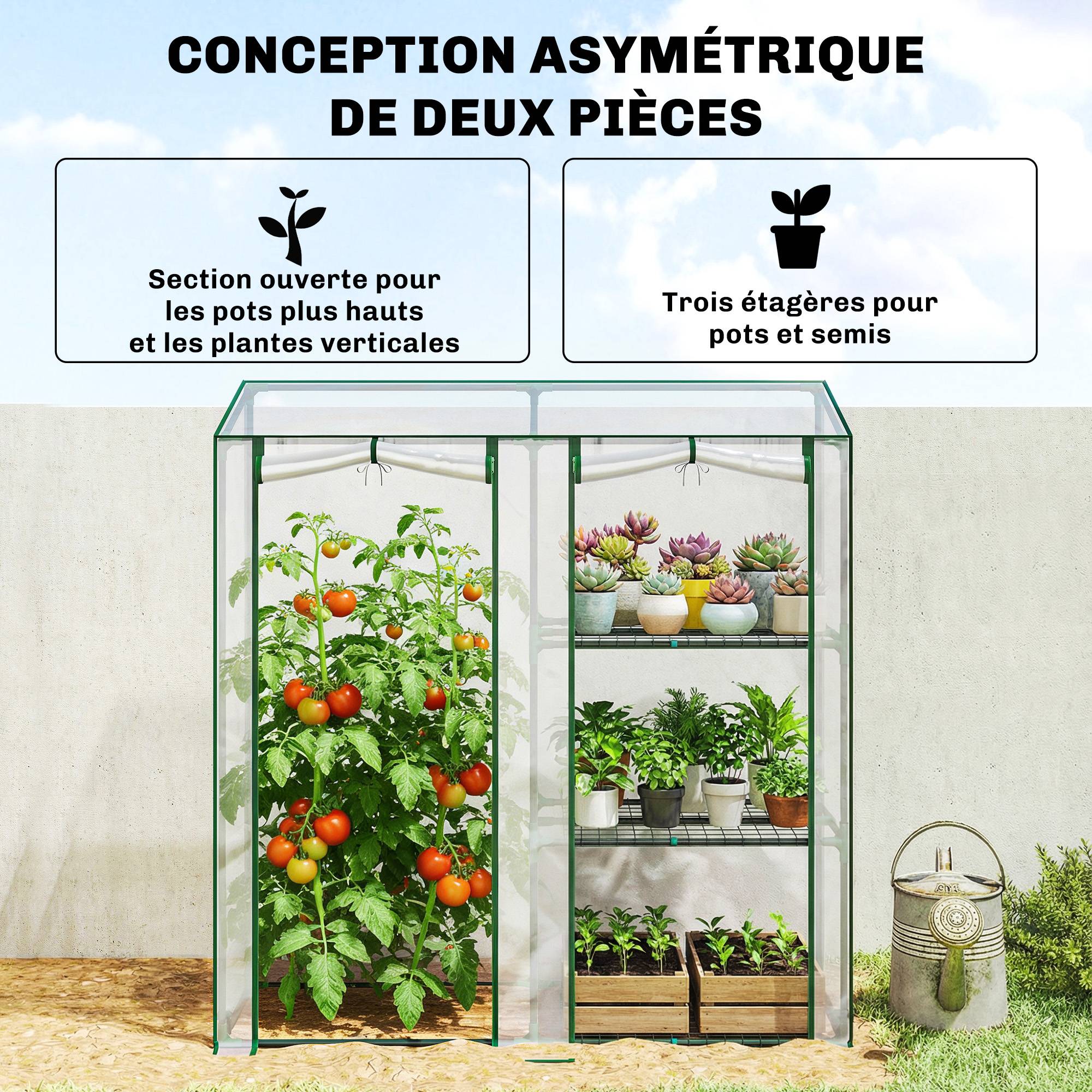 Sans Marque - Serre de Jardin avec étagères 3 niveaux, Petite Serre en Bâche PVC et Châssis Acier, 2 Portes Roulantes, Transparent - Image 6