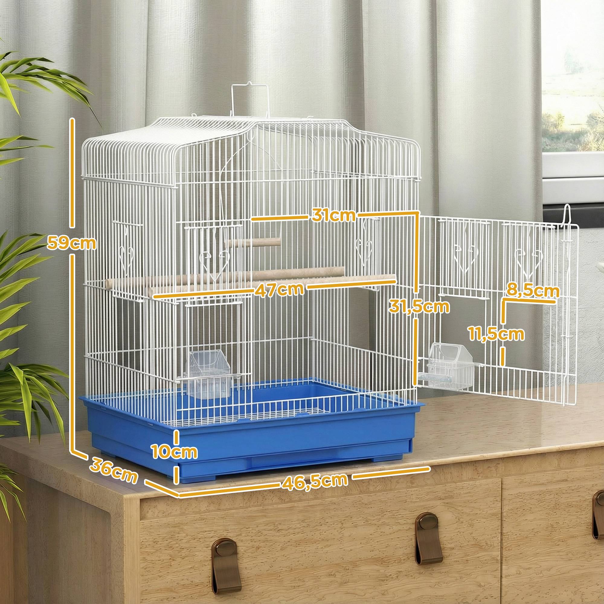 Sans Marque - Cage à oiseaux en acier avec 2 mangeoires, 2 perchoirs, balançoire et plateau amovible, poignée, 46,5 x 36 x 59 cm, bleue - Image 5