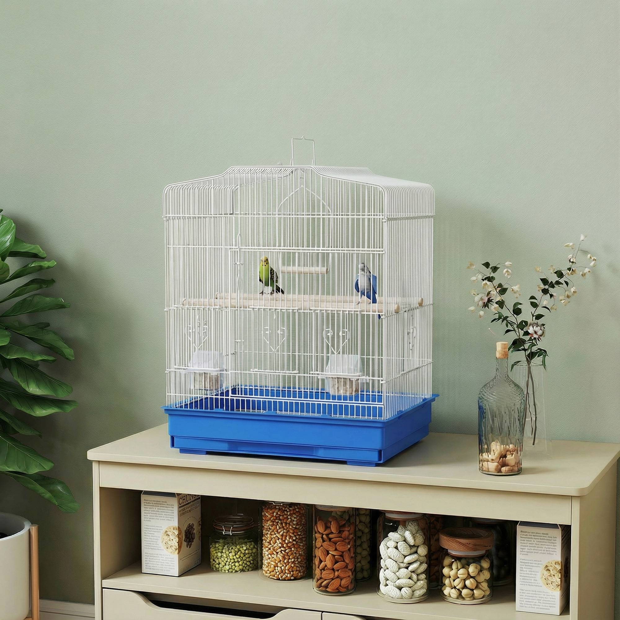 Sans Marque - Cage à oiseaux en acier avec 2 mangeoires, 2 perchoirs, balançoire et plateau amovible, poignée, 46,5 x 36 x 59 cm, bleue - Image 4