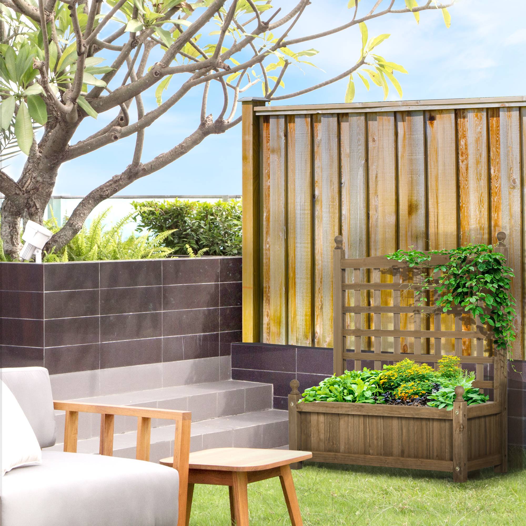 Sans Marque - Jardinière treillis bac fleurs sur pied 64x28x75 cm inserts irrigation bois massif - Image 4