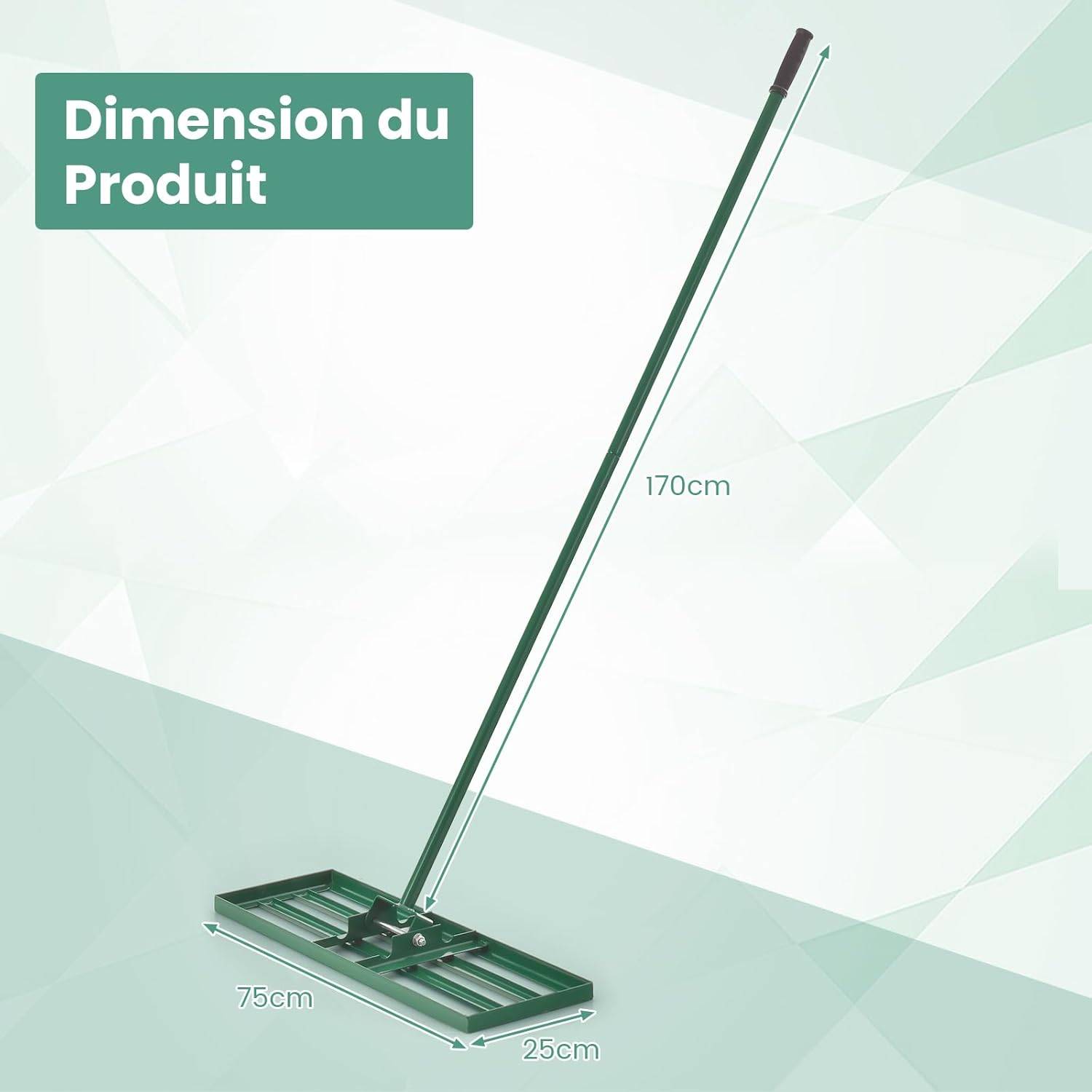 Râteau de Nivellement de Pelouse, Outil de Nivellement de Sol Robuste 75 x 25 cm avec Poignée de 170 cm, Niveleur de Sol, Vert - Image 5