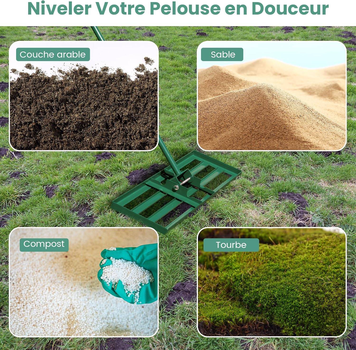 Râteau de Nivellement de Pelouse, Outil de Nivellement de Sol Robuste 75 x 25 cm avec Poignée de 170 cm, Niveleur de Sol, Vert - Image 4