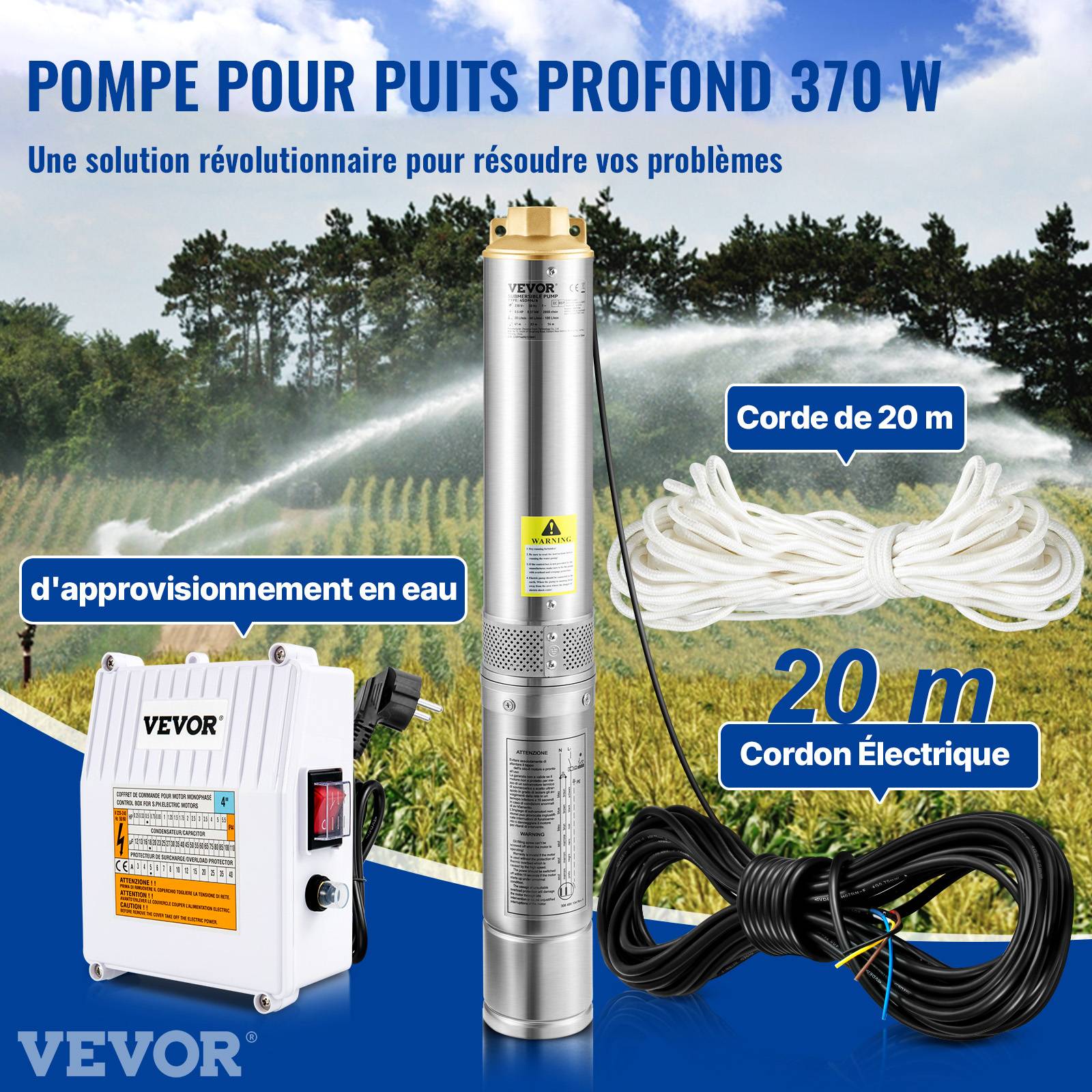 VEVOR Pompe Immergée Pompe à Eau pour Puits Profond Inox 370 W 6600 L/h 44 m - Image 2