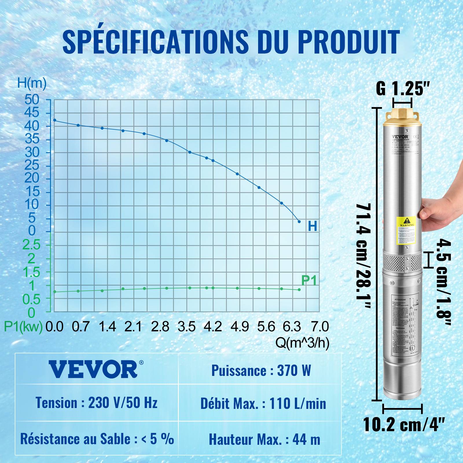 VEVOR Pompe Immergée Pompe à Eau pour Puits Profond Inox 370 W 6600 L/h 44 m - Image 7