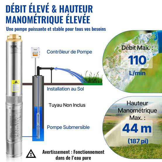 VEVOR Pompe Immergée Pompe à Eau pour Puits Profond Inox 370 W 6600 L/h 44 m - Image 3