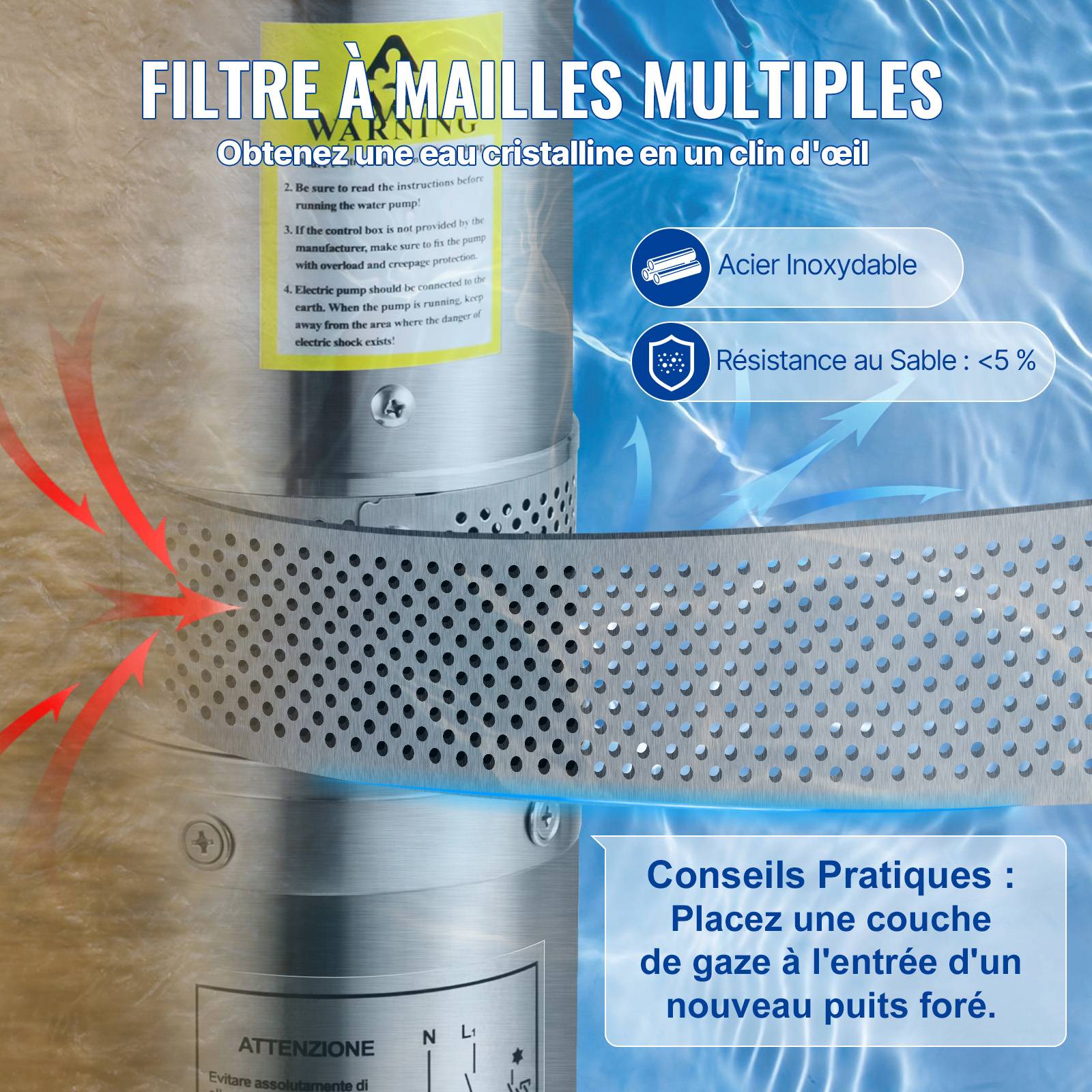 VEVOR Pompe Immergée Pompe à Eau pour Puits Profond Inox 370 W 6600 L/h 44 m - Image 6