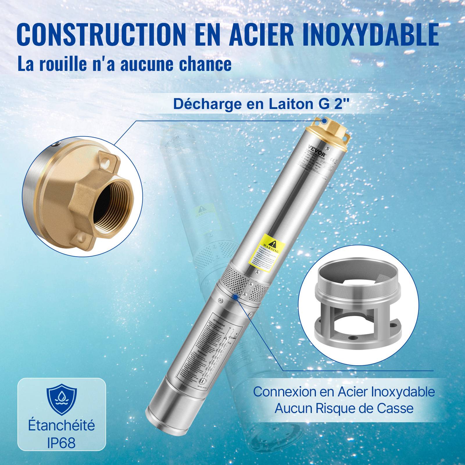 VEVOR Pompe Immergée Pompe à Eau pour Puits Profond Inox 370 W 6600 L/h 44 m - Image 4
