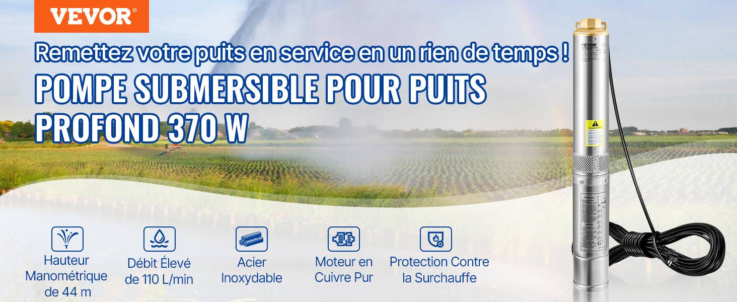 VEVOR Pompe Immergée Pompe à Eau pour Puits Profond Inox 370 W 6600 L/h 44 m - Image 9