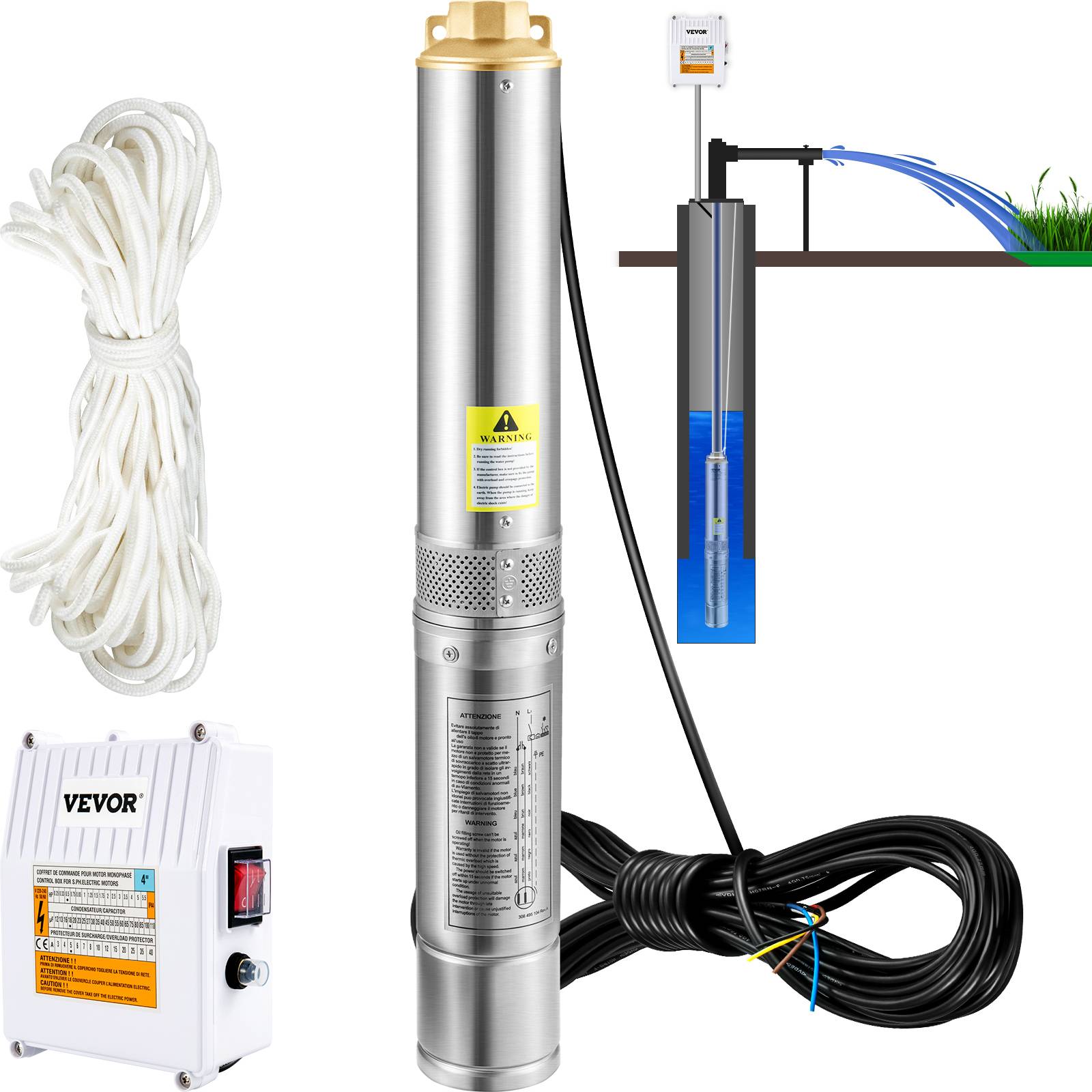 VEVOR Pompe Immergée Pompe à Eau pour Puits Profond Inox 370 W 6600 L/h 44 m - Image 1