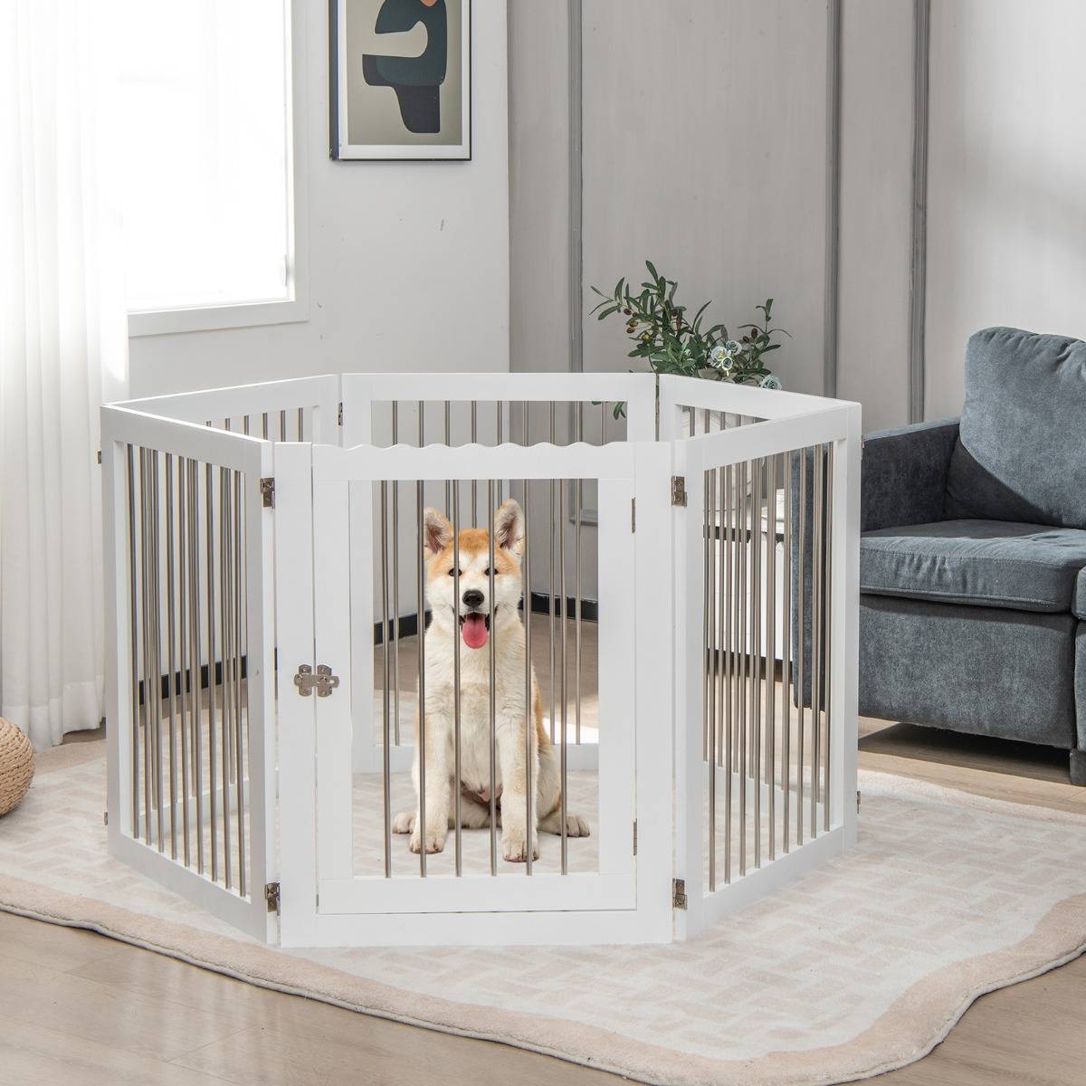Barrière de Sécurité pour Chien à 6 Panneaux en Acier Inoxydable Parc Pliable de 366CM de Large avec Porte Verrouillable Blanc - Image 3