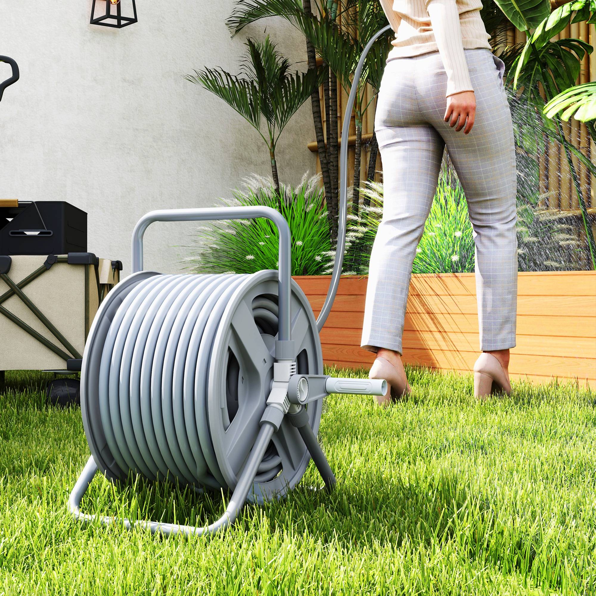 ComfortXL - Dévidoir tuyau jardin polypropylène gris 40 m mural ou sur pied avec manivelle - ComfortXL Outdoor Living - Image 3