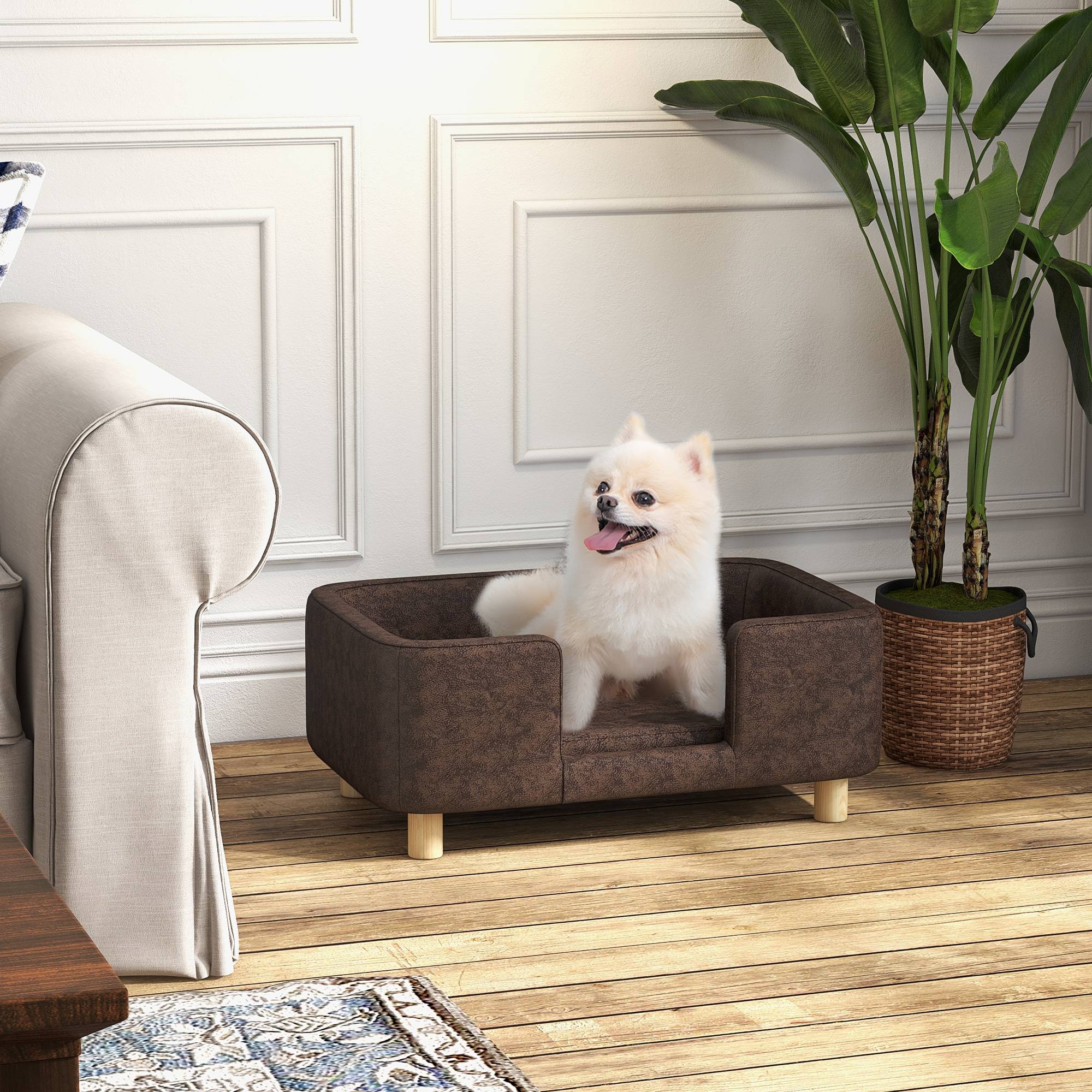 Sans Marque - Canapé chien lit pour chien chat avec rebord coussin moelleux pieds bois massif dim. 74 x 48,5 x 31 cm revêtement micro-fibre chocolat - Image 3