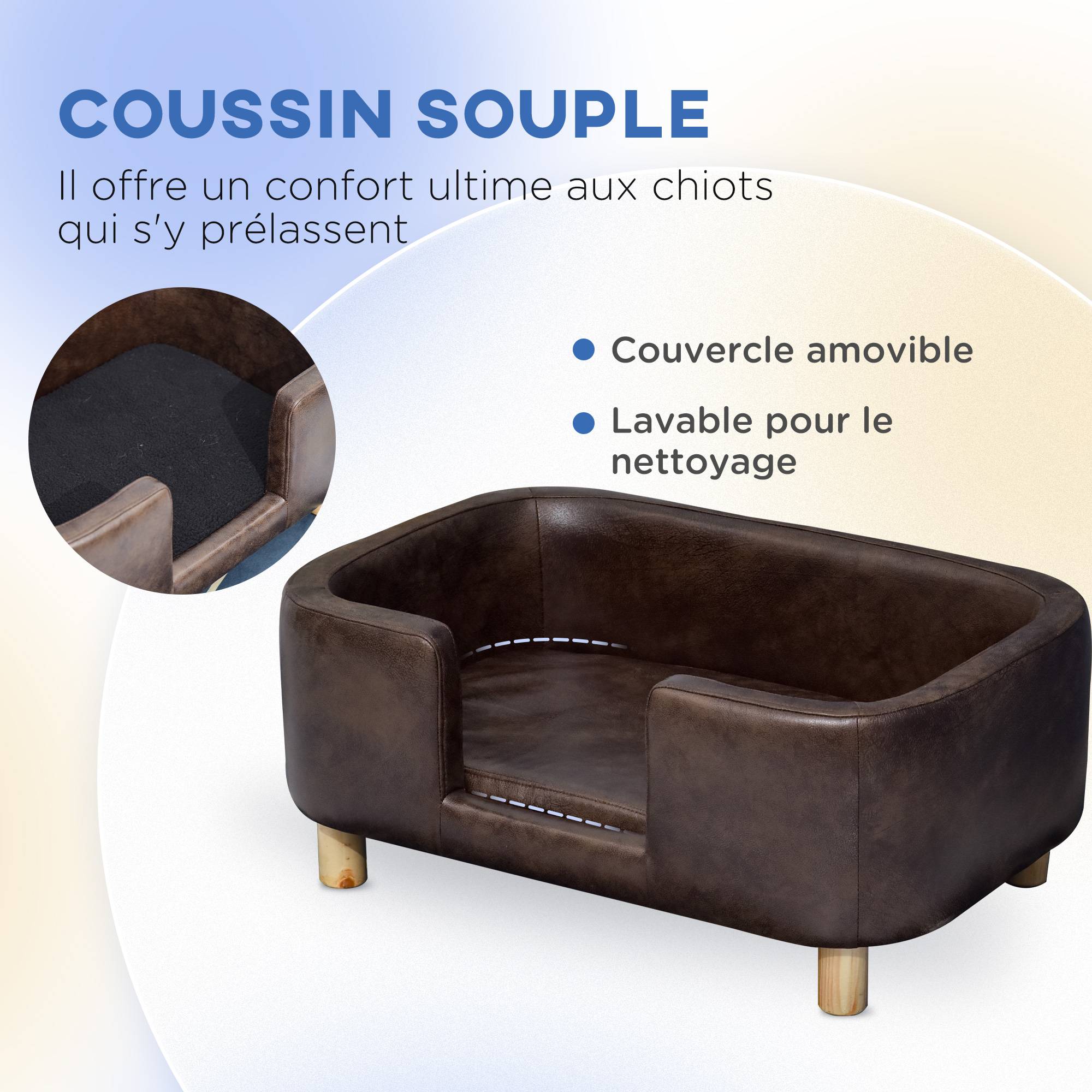 Sans Marque - Canapé chien lit pour chien chat avec rebord coussin moelleux pieds bois massif dim. 74 x 48,5 x 31 cm revêtement micro-fibre chocolat - Image 9