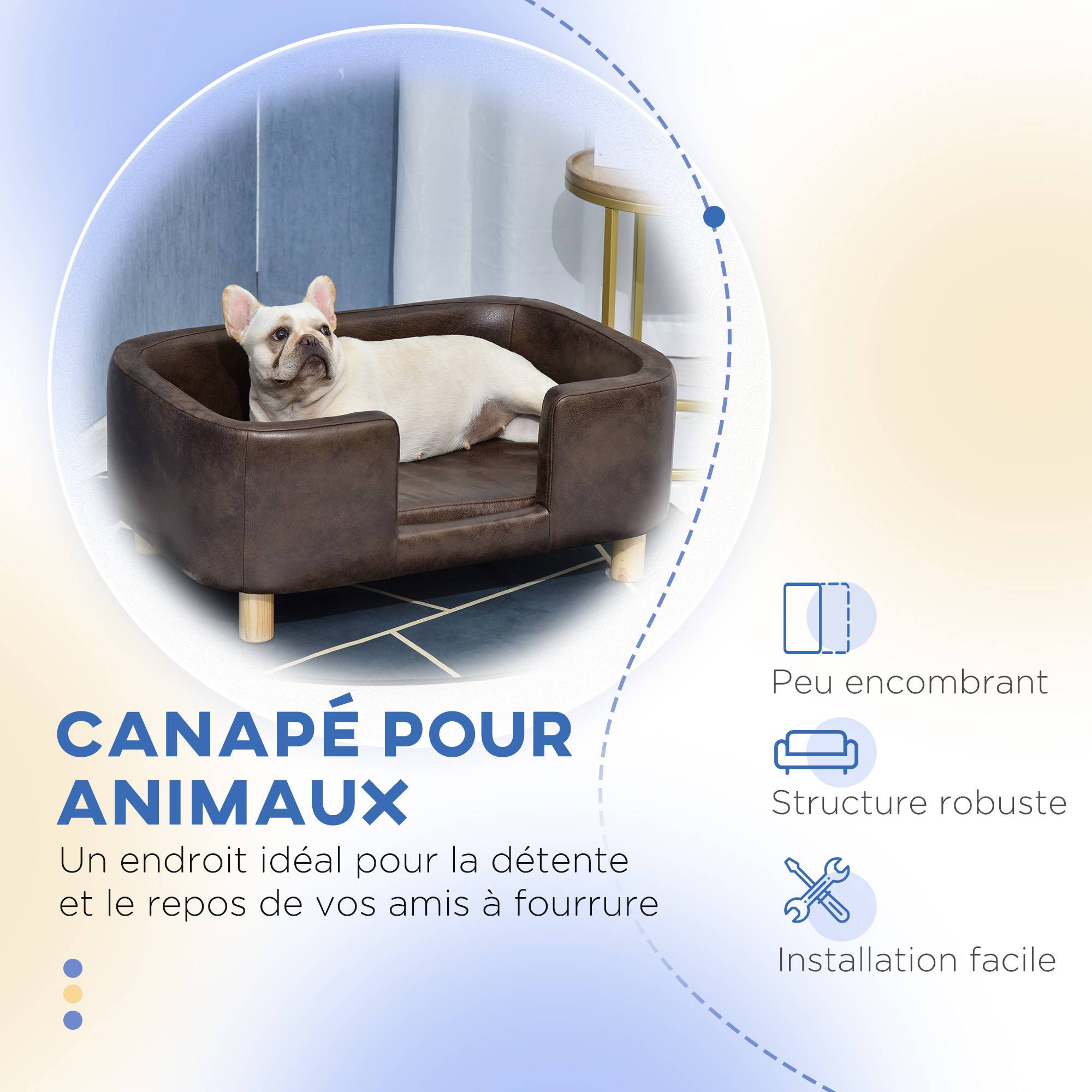 Sans Marque - Canapé chien lit pour chien chat avec rebord coussin moelleux pieds bois massif dim. 74 x 48,5 x 31 cm revêtement micro-fibre chocolat - Image 8