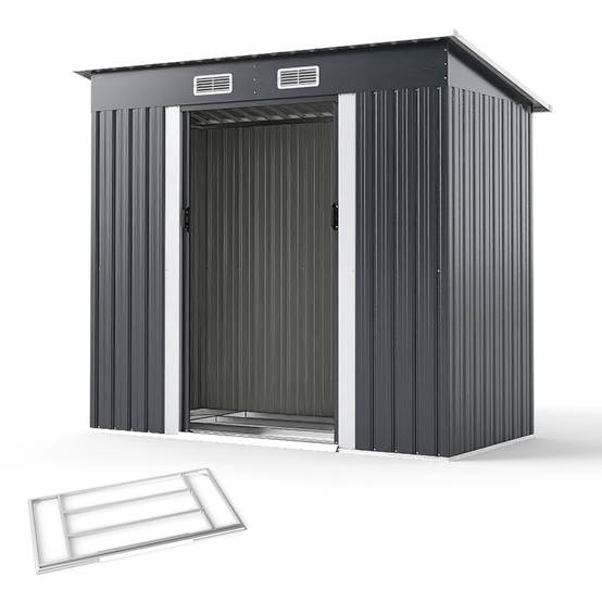 Abri de Jardin Extérieur avec Toit Incliné, Porte Coulissante et Aérations, Base en Métal, pour Jardin, Arrière-cour, 213 x 112 x 186 cm