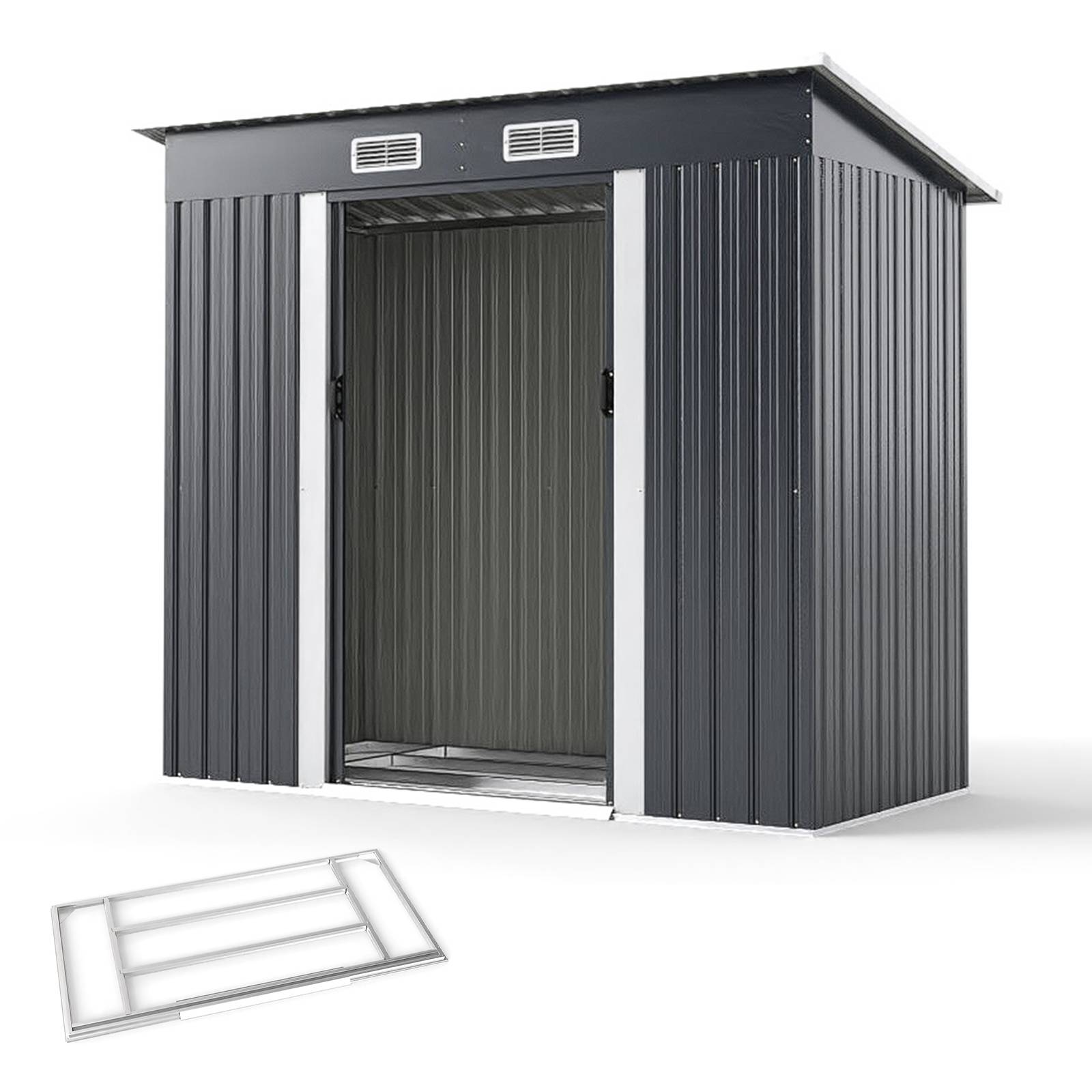 Abri de Jardin Extérieur avec Toit Incliné, Porte Coulissante et Aérations, Base en Métal, pour Jardin, Arrière-cour, 213 x 112 x 186 cm