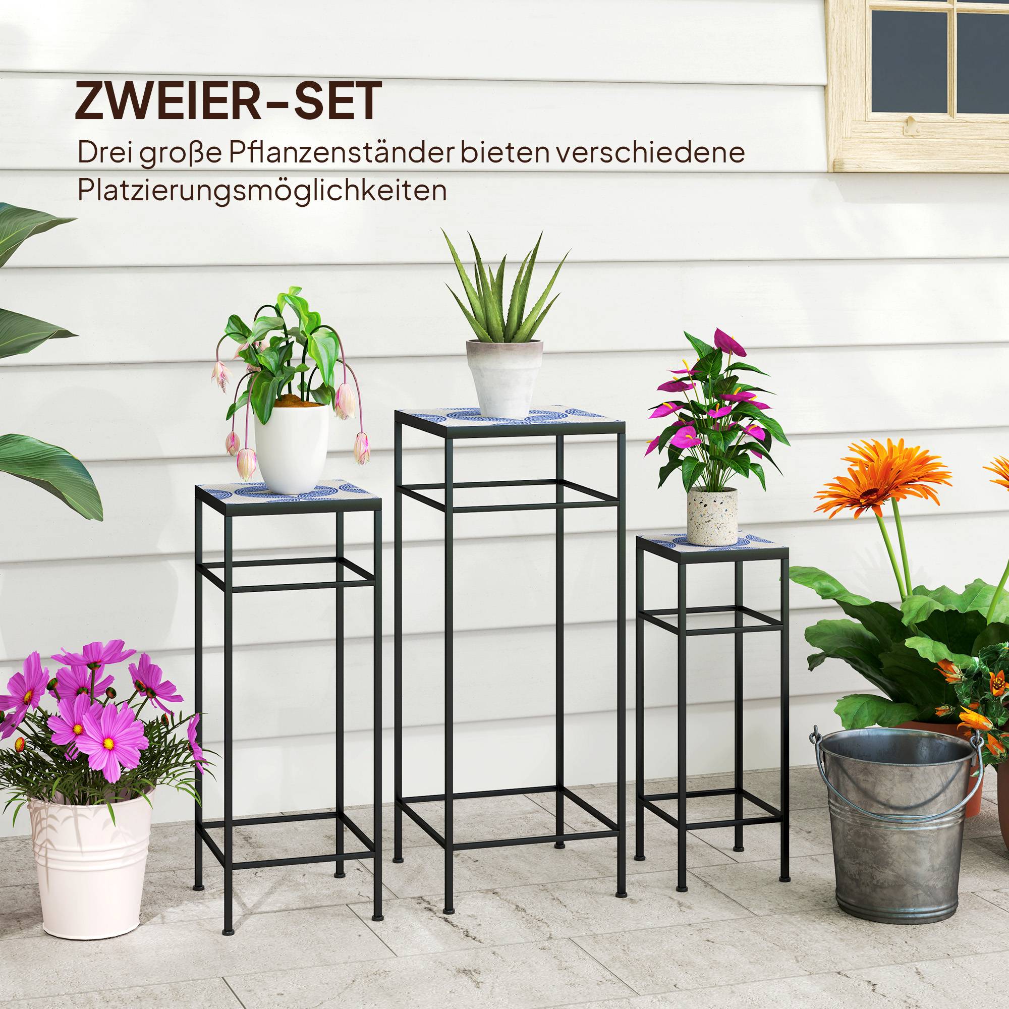 Lot 3 sellettes porte-plantes métal terrasse extérieur mosaïque bleu blanc 28x28x71cm - ComfortXL Outdoor Living - Image 6