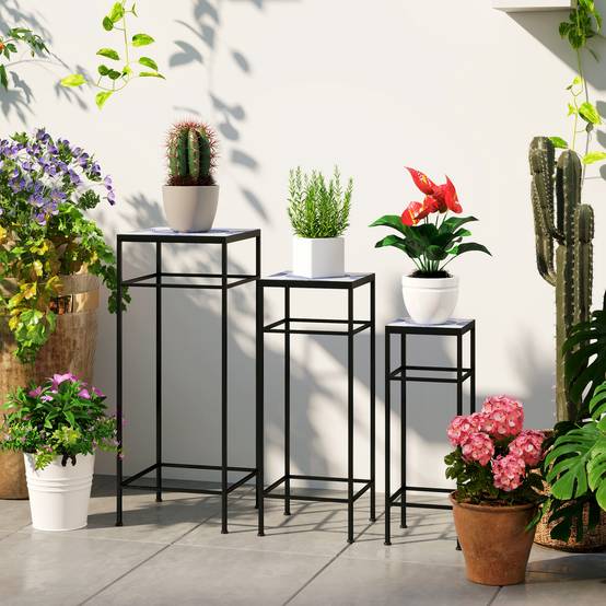 Lot 3 sellettes porte-plantes métal terrasse extérieur mosaïque bleu blanc 28x28x71cm - ComfortXL Outdoor Living - Image 3