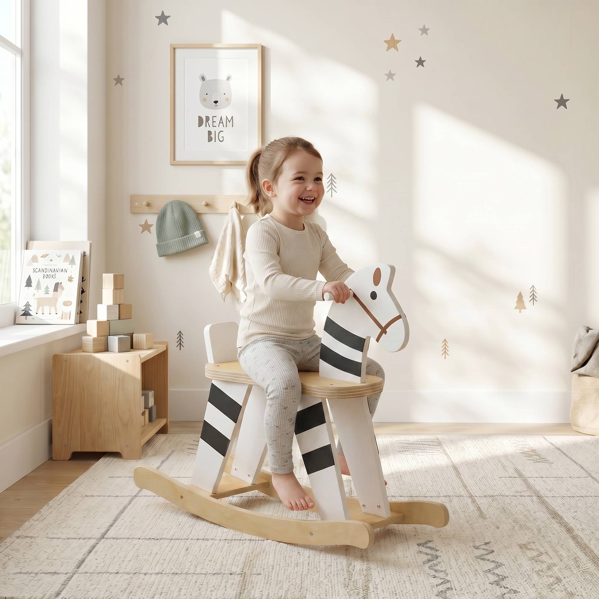 Cheval à Bascule pour Enfant, Jouet à Bascule pour Enfant avec Base en Bois et Dossier, 18 Mois à 3 Ans, Noir et Blanc - Image 4