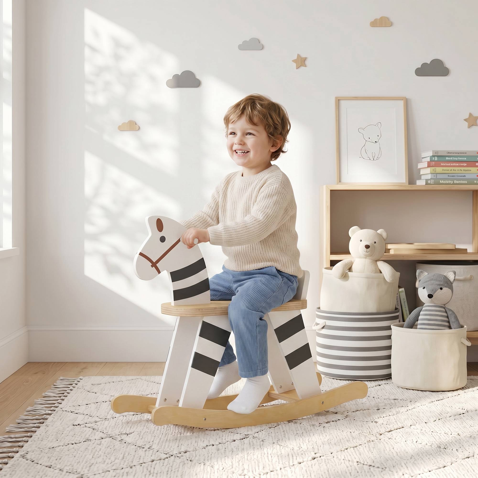 Cheval à Bascule pour Enfant, Jouet à Bascule pour Enfant avec Base en Bois et Dossier, 18 Mois à 3 Ans, Noir et Blanc - Image 3