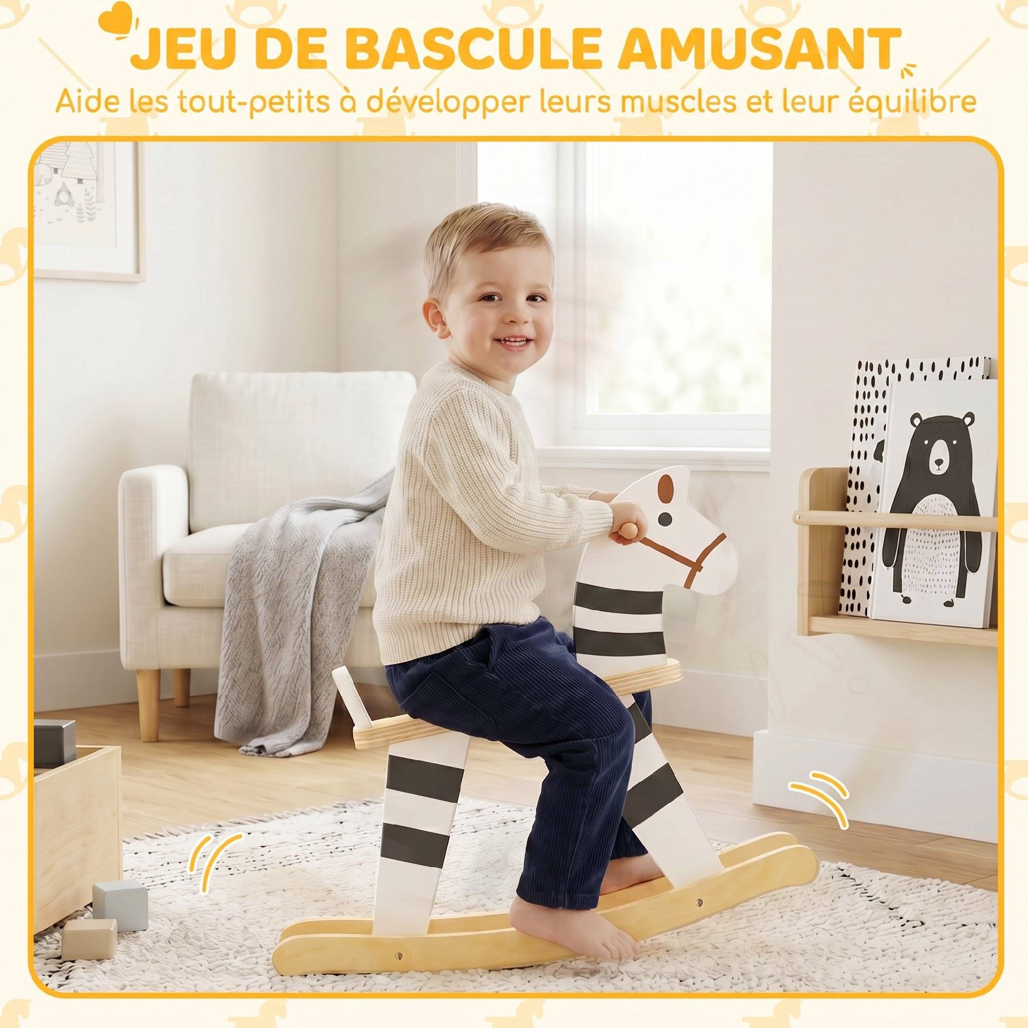 Cheval à Bascule pour Enfant, Jouet à Bascule pour Enfant avec Base en Bois et Dossier, 18 Mois à 3 Ans, Noir et Blanc - Image 8