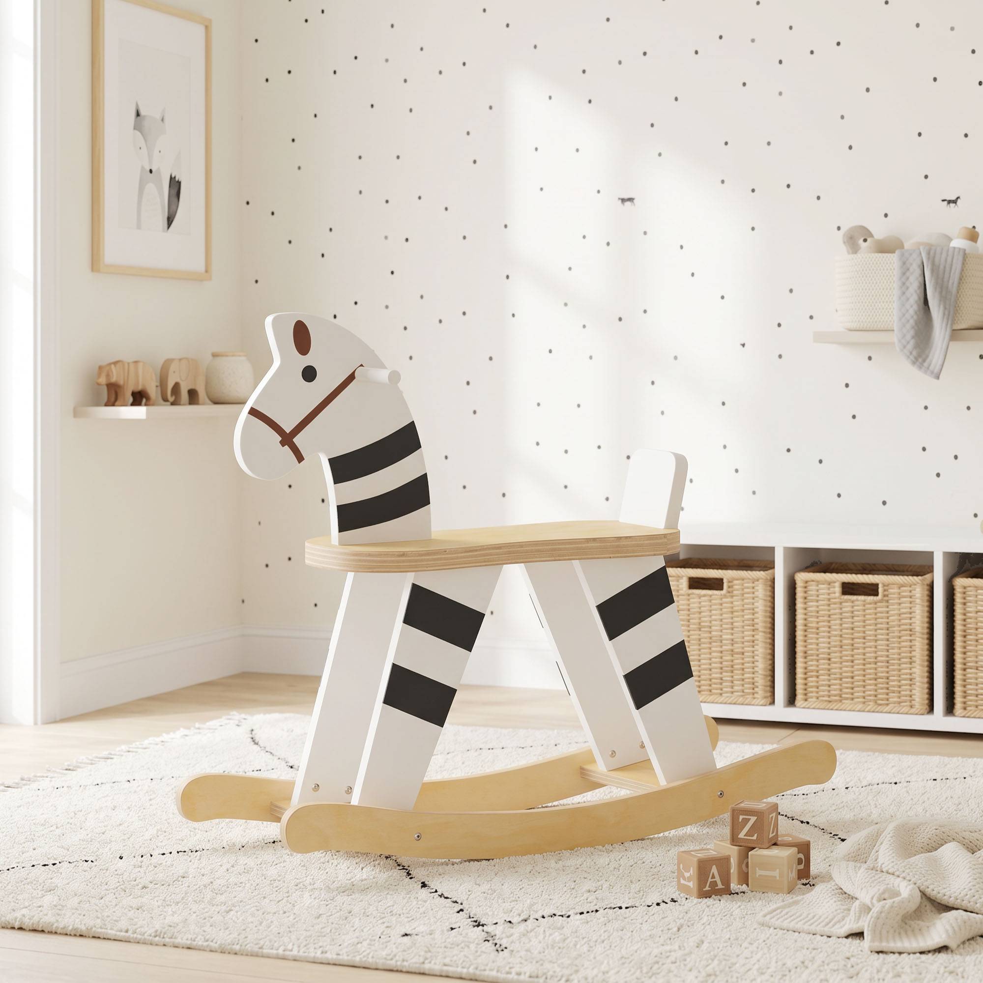 Cheval à Bascule pour Enfant, Jouet à Bascule pour Enfant avec Base en Bois et Dossier, 18 Mois à 3 Ans, Noir et Blanc - Image 10
