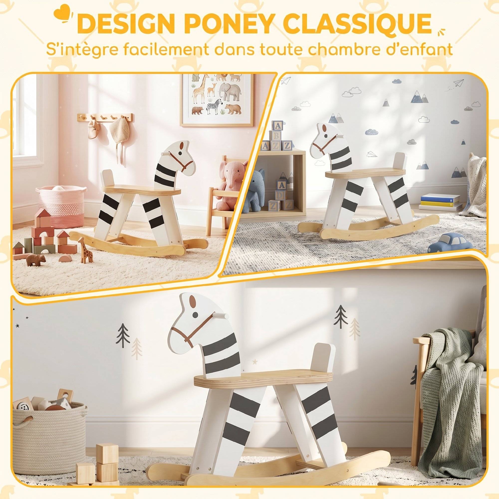 Cheval à Bascule pour Enfant, Jouet à Bascule pour Enfant avec Base en Bois et Dossier, 18 Mois à 3 Ans, Noir et Blanc - Image 6