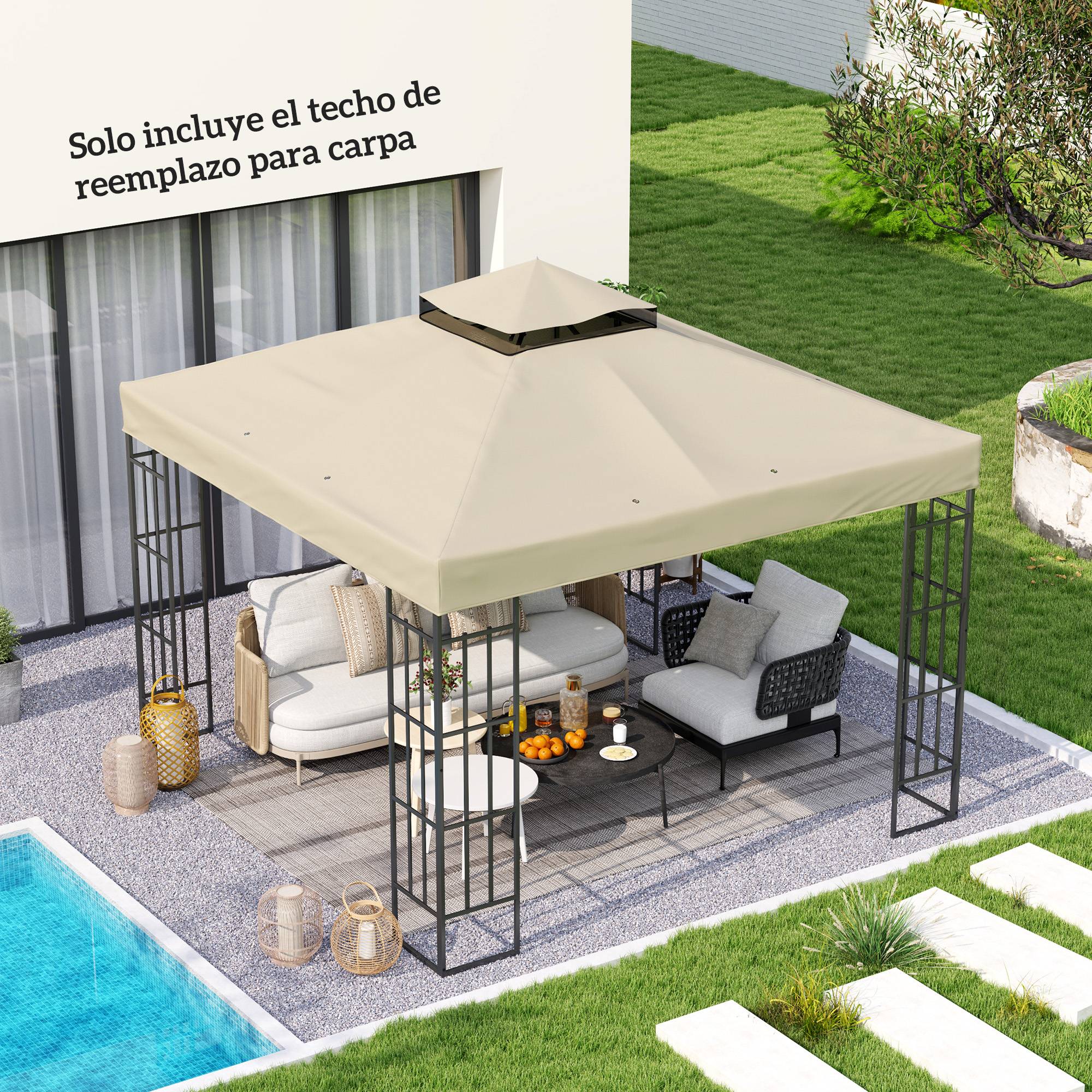 Toile de Rechange pour Tonnelle 3x3m Toile Oxford Protection UV Double Toit avec Drainage Crème - ComfortXL Outdoor Living - Image 3