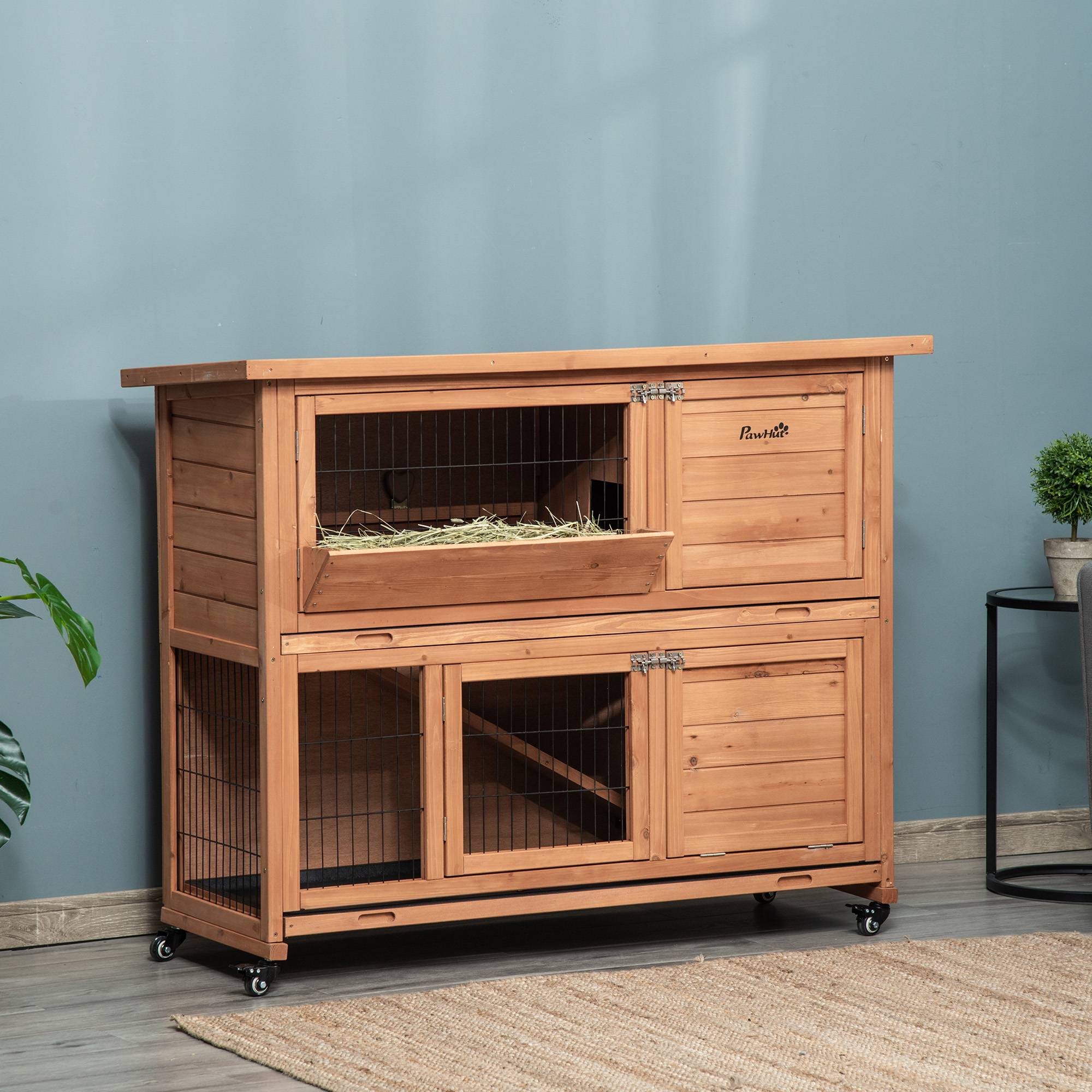 Clapier en bois à 2 niveaux avec roulettes, tiroir coulissant et rampe, 122 x 50 x 101 cm - Image 4