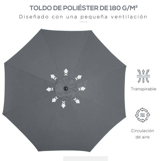 Parasol de jardin à manivelle et toit inclinable pour terrasse ou patio extérieur Ø300 x 252 cm Gris - Image 8
