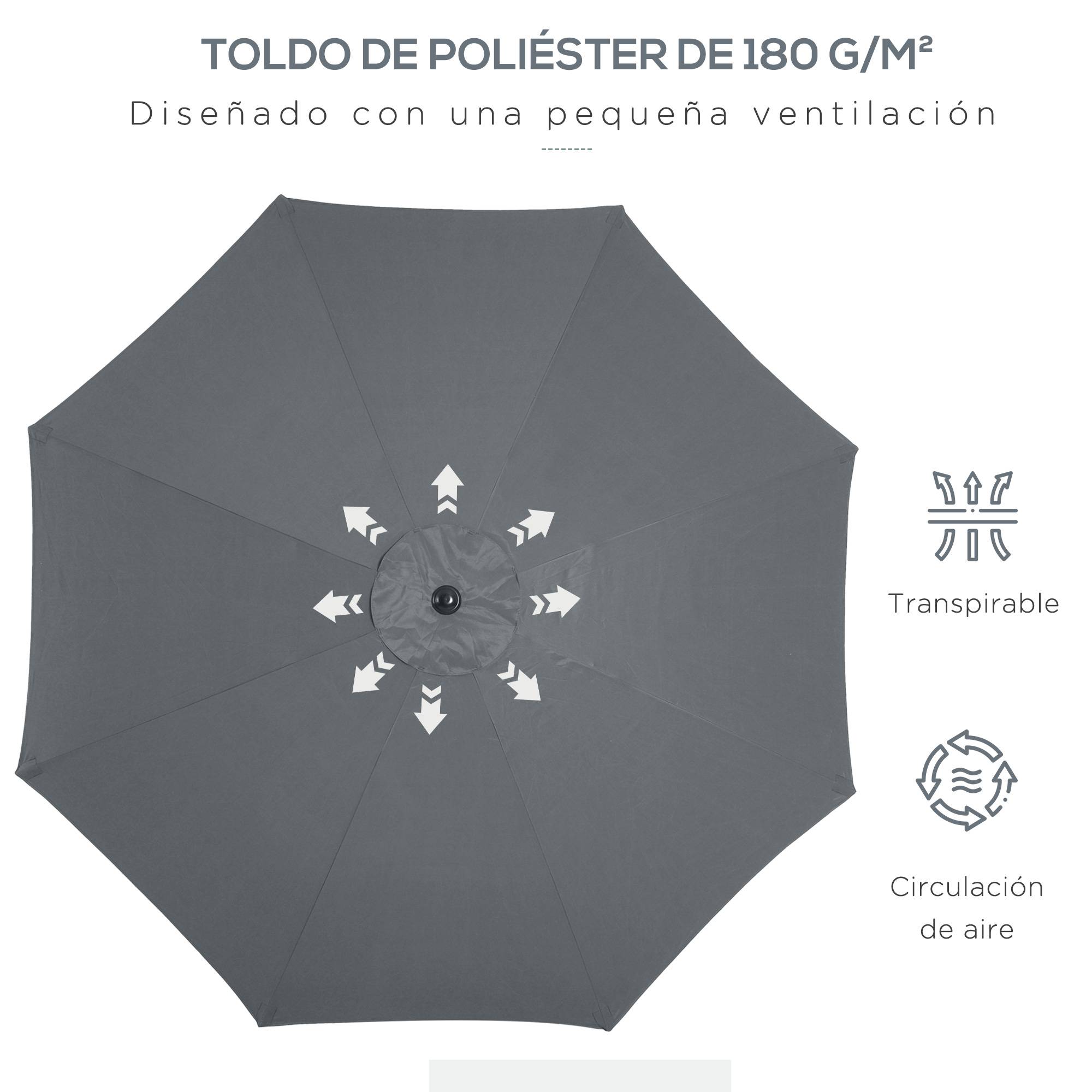 Parasol de jardin à manivelle et toit inclinable pour terrasse ou patio extérieur Ø300 x 252 cm Gris - Image 8