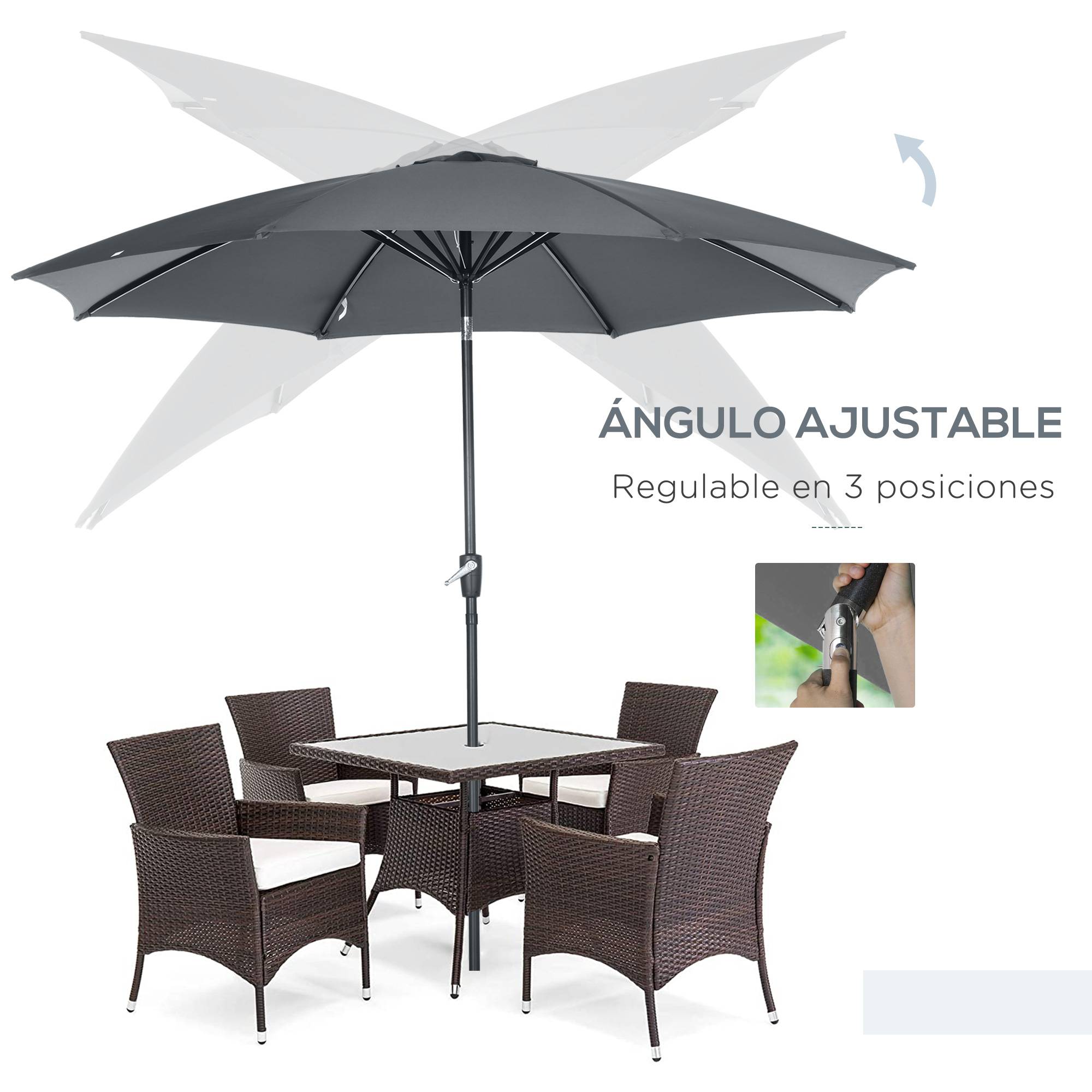 Parasol de jardin à manivelle et toit inclinable pour terrasse ou patio extérieur Ø300 x 252 cm Gris - Image 6