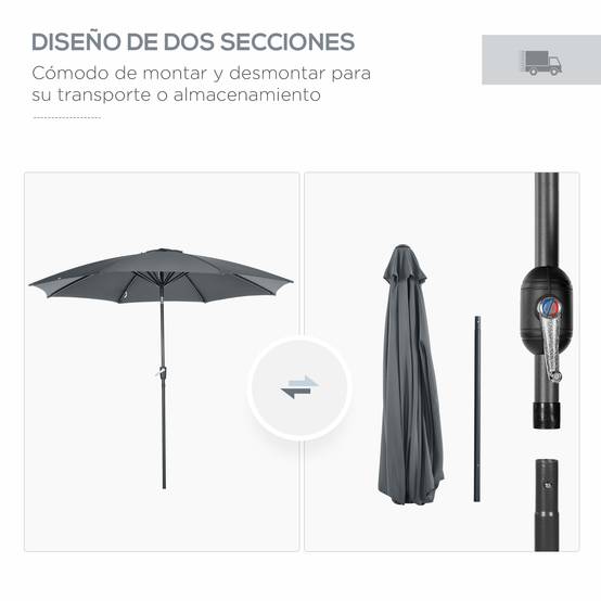 Parasol de jardin à manivelle et toit inclinable pour terrasse ou patio extérieur Ø300 x 252 cm Gris - Image 10