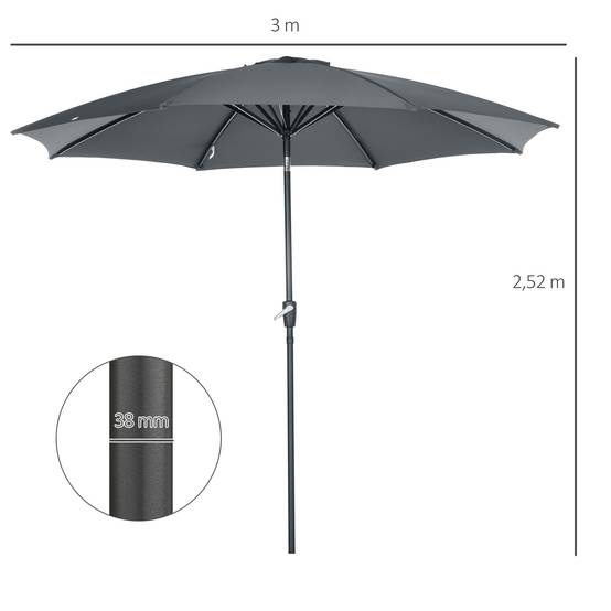 Parasol de jardin à manivelle et toit inclinable pour terrasse ou patio extérieur Ø300 x 252 cm Gris - Image 5