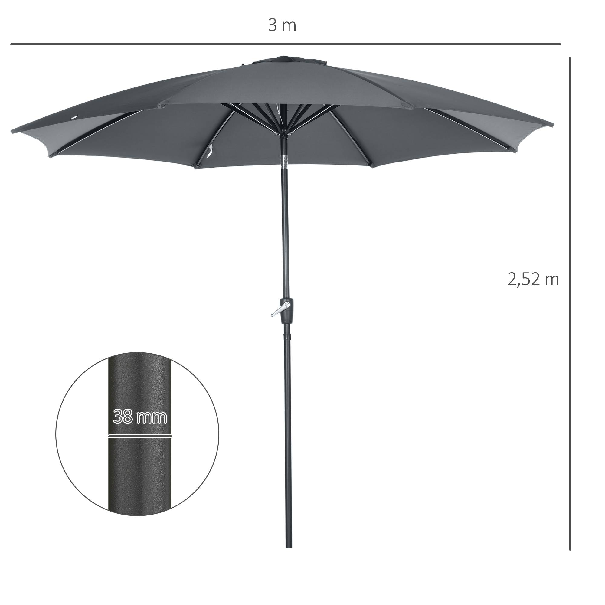 Parasol de jardin à manivelle et toit inclinable pour terrasse ou patio extérieur Ø300 x 252 cm Gris - Image 5