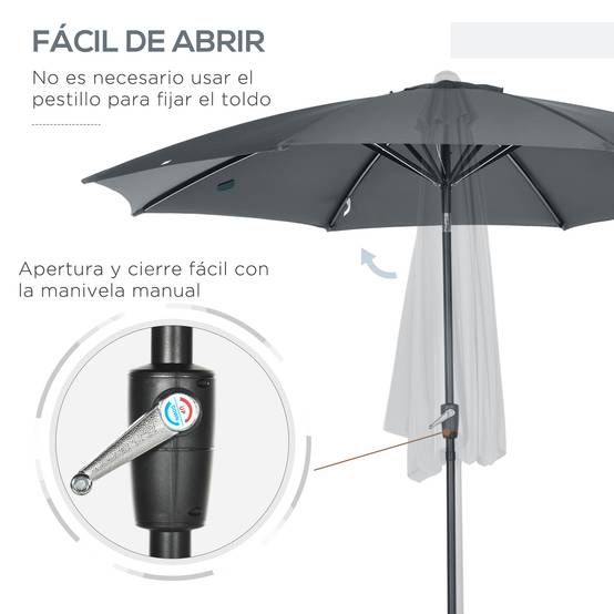 Parasol de jardin à manivelle et toit inclinable pour terrasse ou patio extérieur Ø300 x 252 cm Gris - Image 7