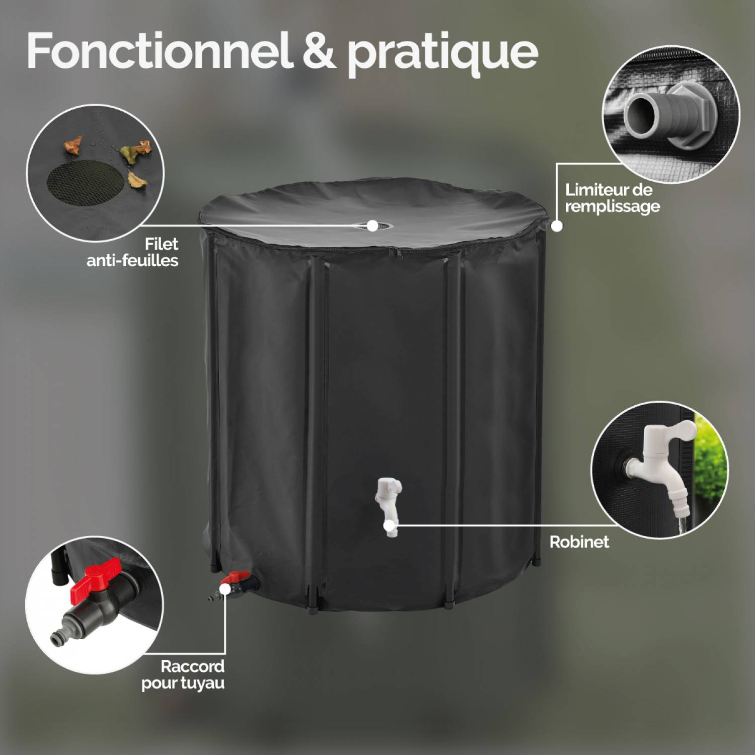 Réservoir souple, récupérateur d'eau de pluie pliable - 200 L - Noir - Linxor - Image 3
