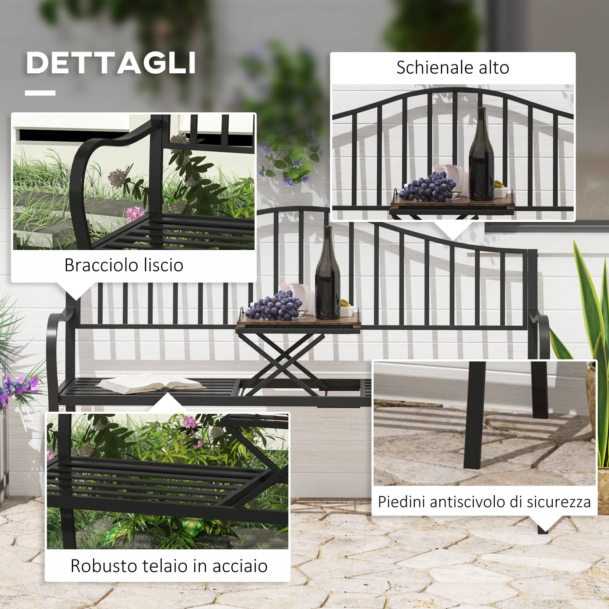 ComfortXL - Banc de jardin métal 2 places patio cour table centrale escamotable 150x53x95cm noir - ComfortXL Outdoor Living - Image 7