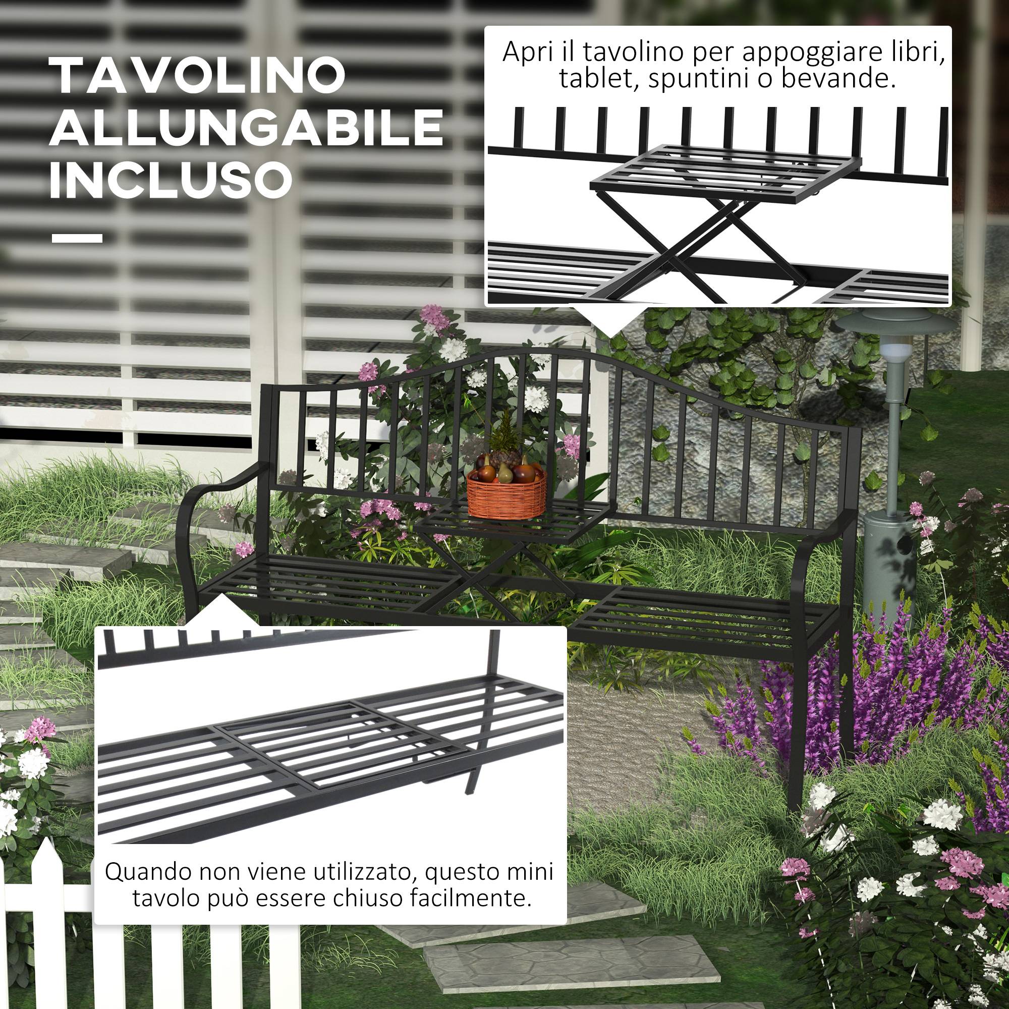 ComfortXL - Banc de jardin métal 2 places patio cour table centrale escamotable 150x53x95cm noir - ComfortXL Outdoor Living - Image 6