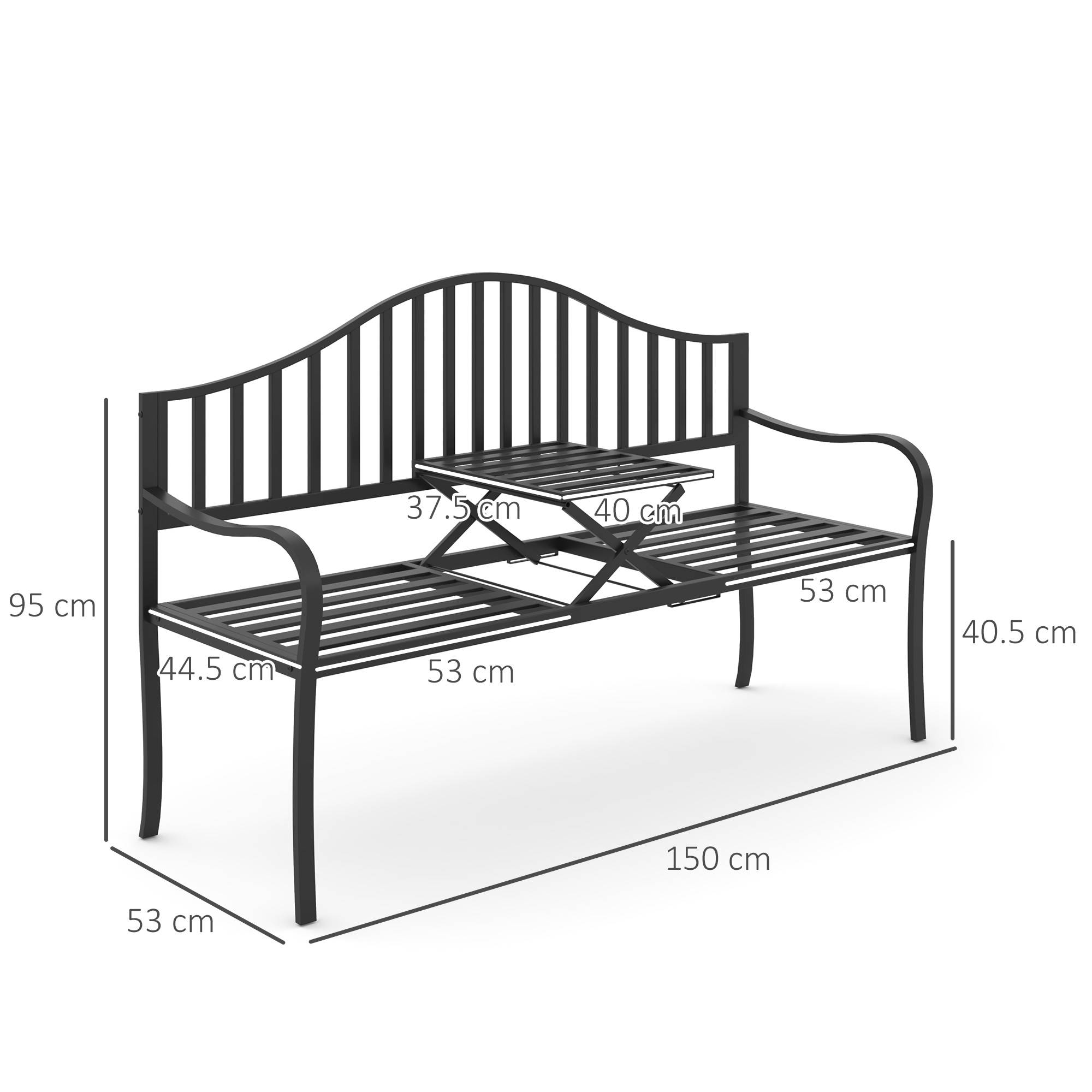 ComfortXL - Banc de jardin métal 2 places patio cour table centrale escamotable 150x53x95cm noir - ComfortXL Outdoor Living - Image 5