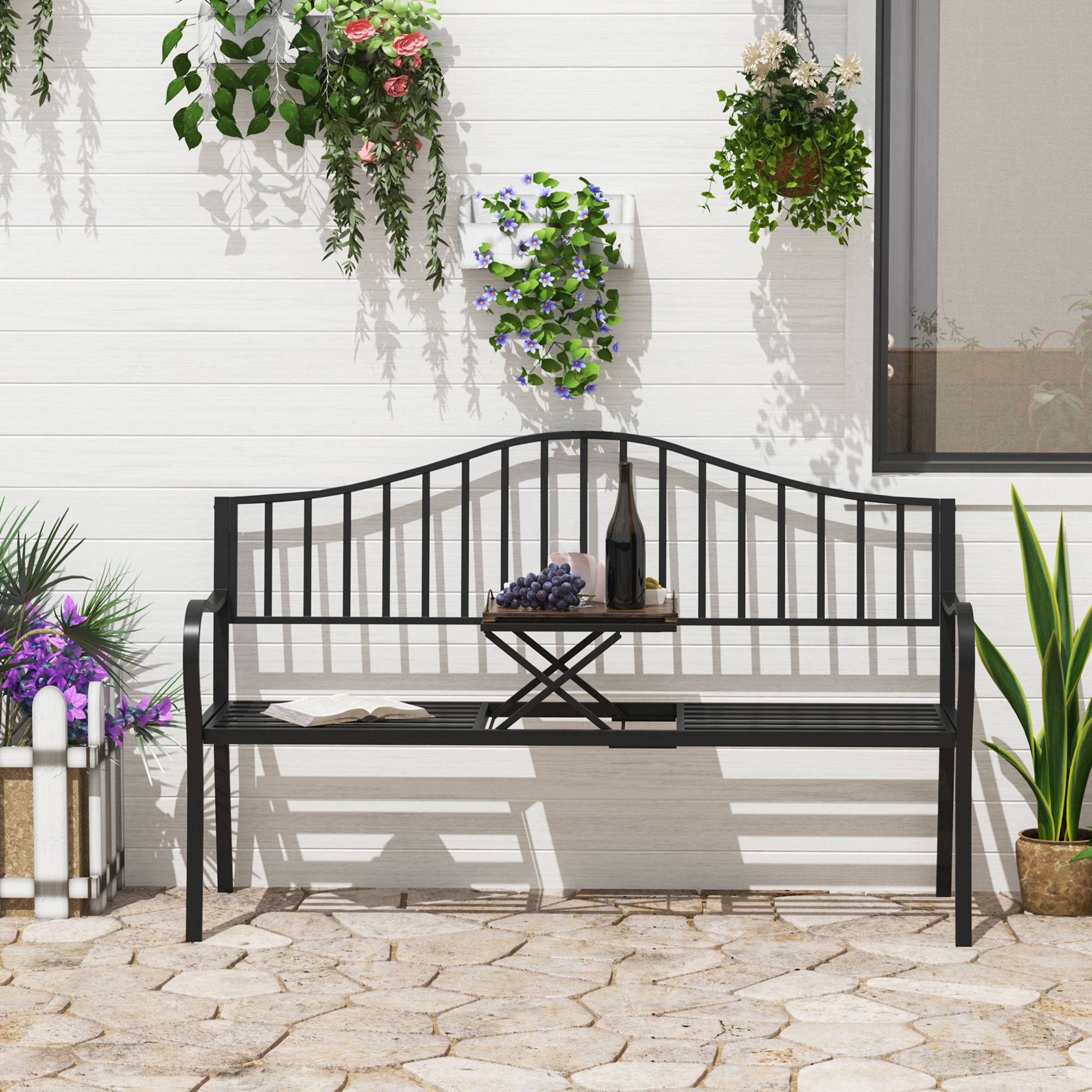 ComfortXL - Banc de jardin métal 2 places patio cour table centrale escamotable 150x53x95cm noir - ComfortXL Outdoor Living - Image 3