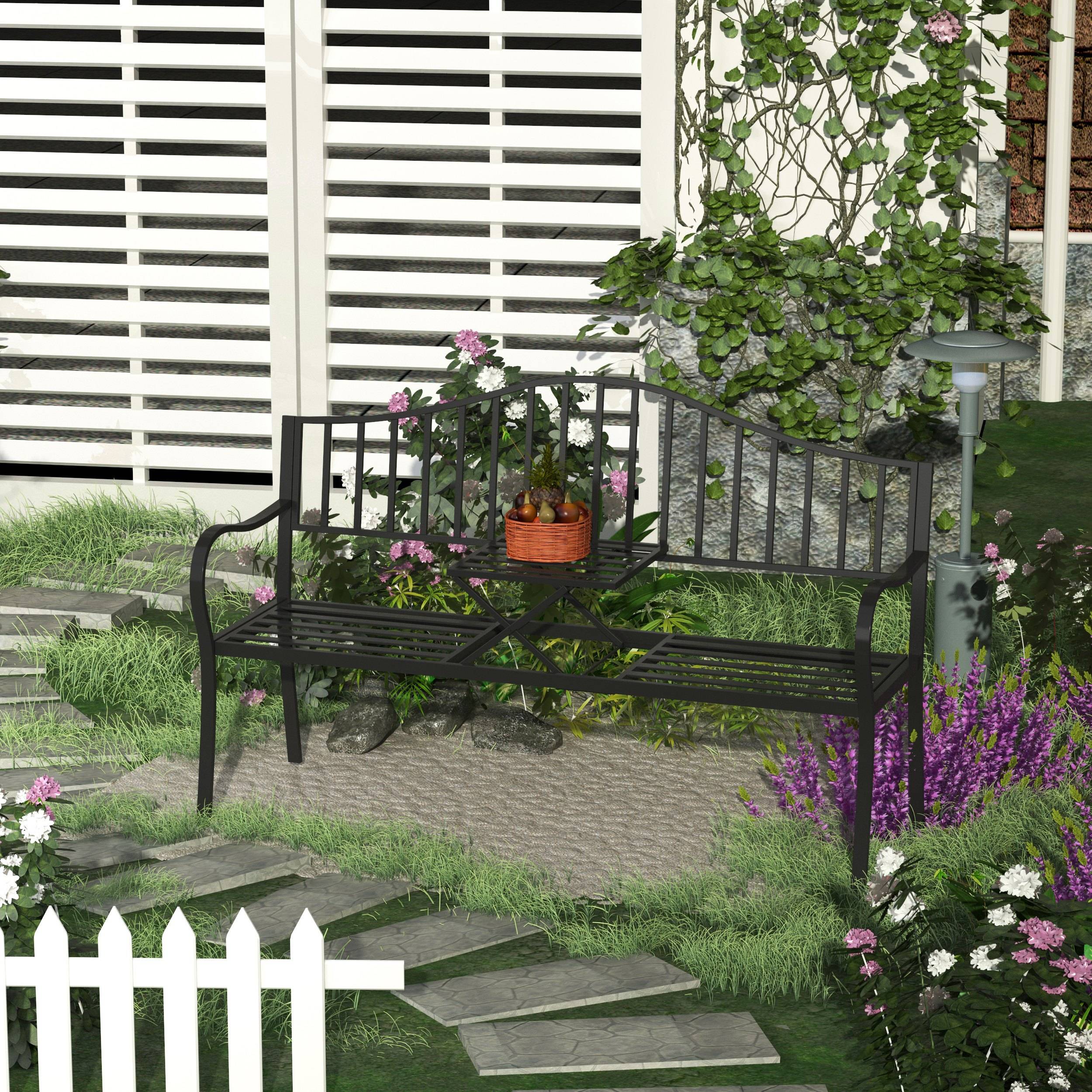 ComfortXL - Banc de jardin métal 2 places patio cour table centrale escamotable 150x53x95cm noir - ComfortXL Outdoor Living - Image 4