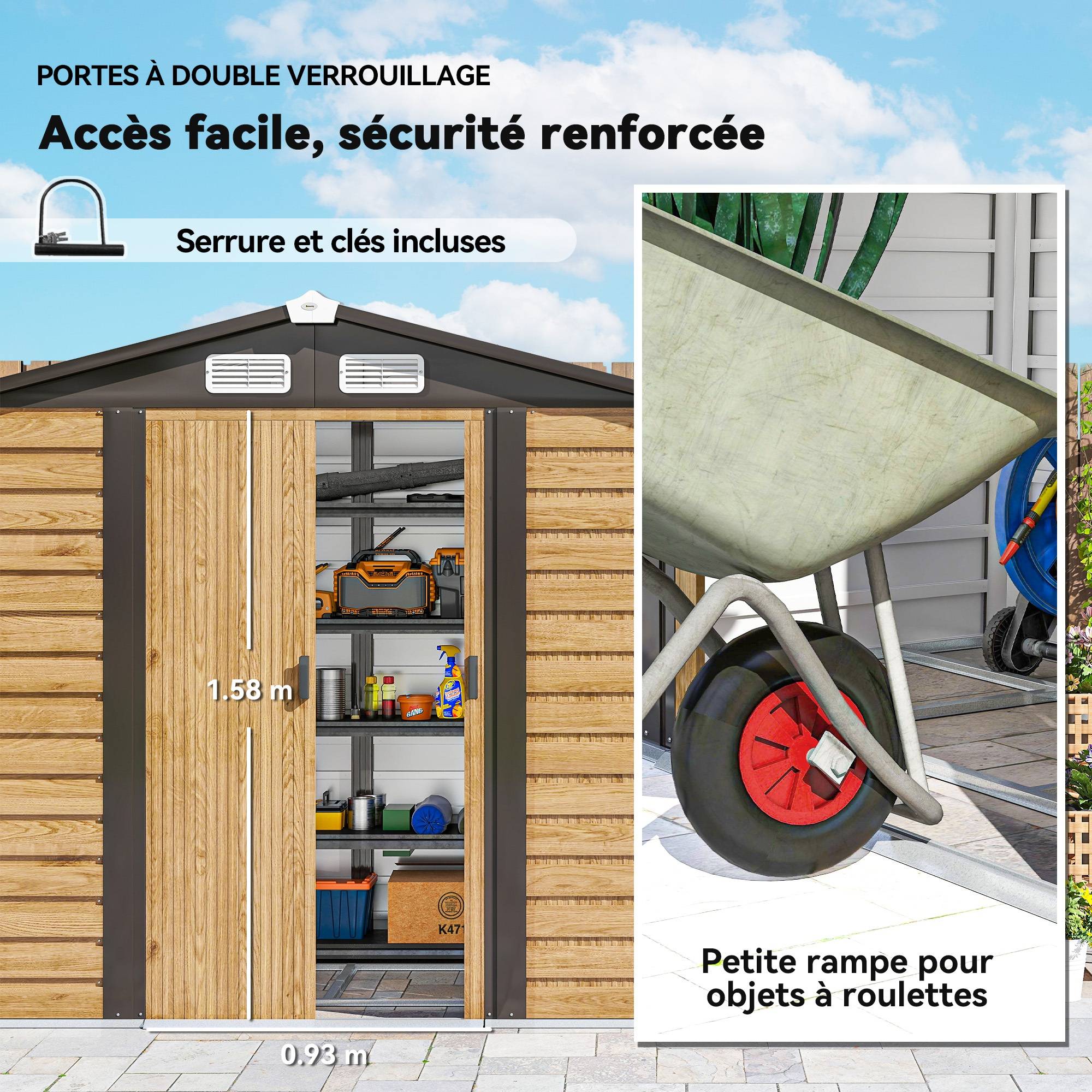 Abri de jardin 2,36 m², cabane de jardin exterieur en acier galvanisé facile à monter, 213x120x194cm chêne - Image 8