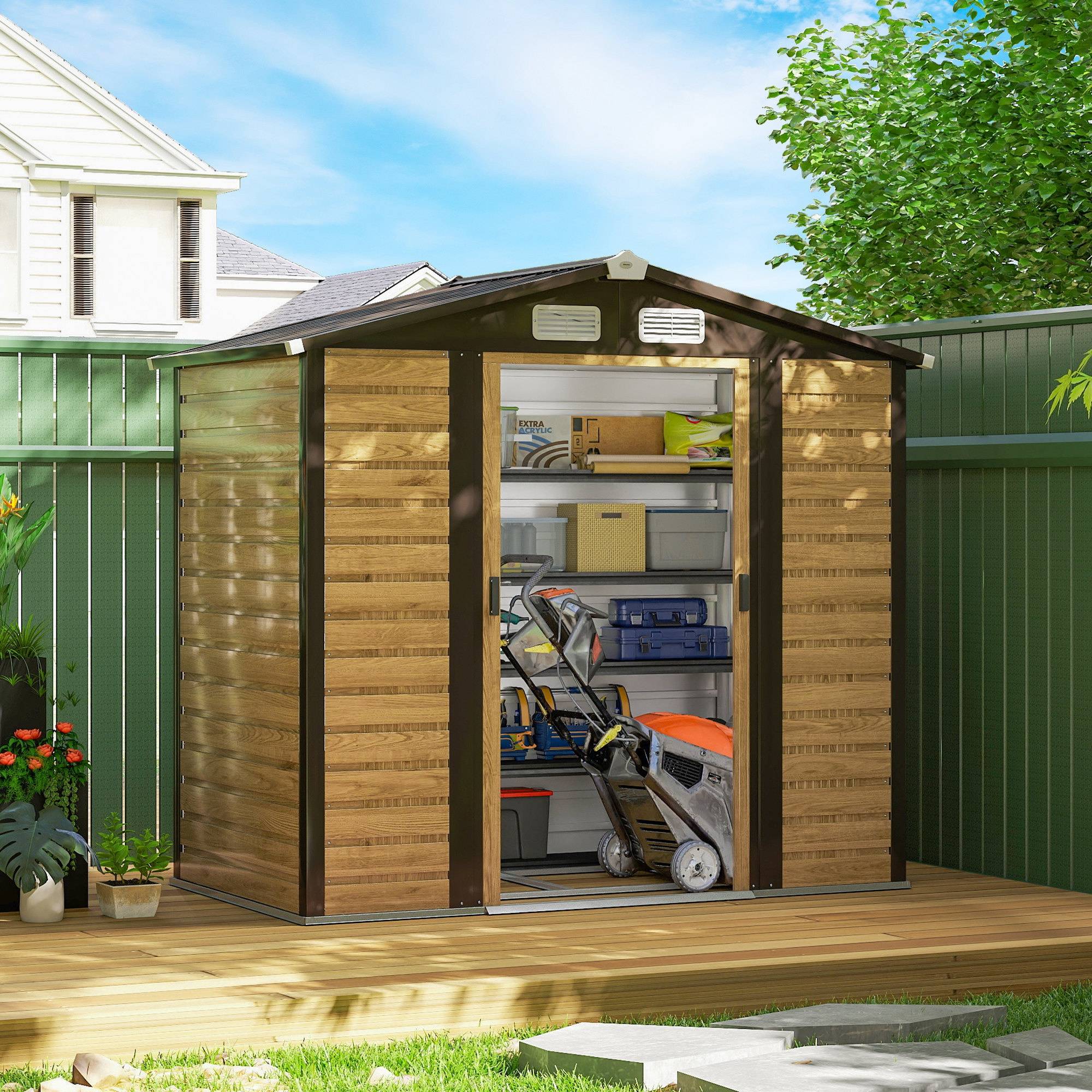 Abri de jardin 2,36 m², cabane de jardin exterieur en acier galvanisé facile à monter, 213x120x194cm chêne - Image 4