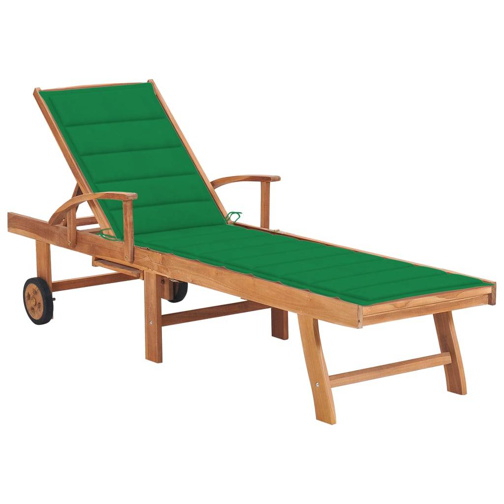 Helloshop26 - Transat chaise longue bain de soleil lit de jardin terrasse meuble d'extérieur avec coussin vert bois de teck solide - Image 1