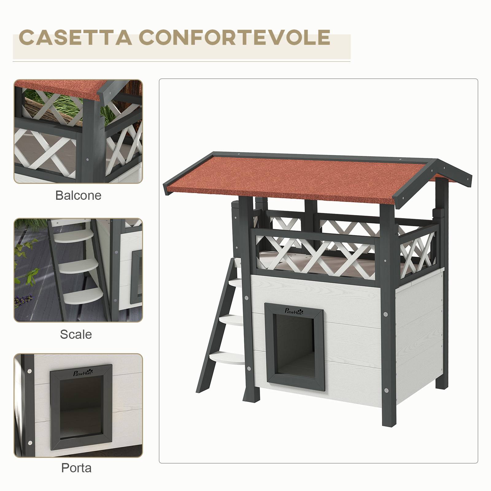 Niche extérieure pour chat avec terrasse et échelle en bois, 77 x 50 x 73 cm, blanc et gris - Image 6