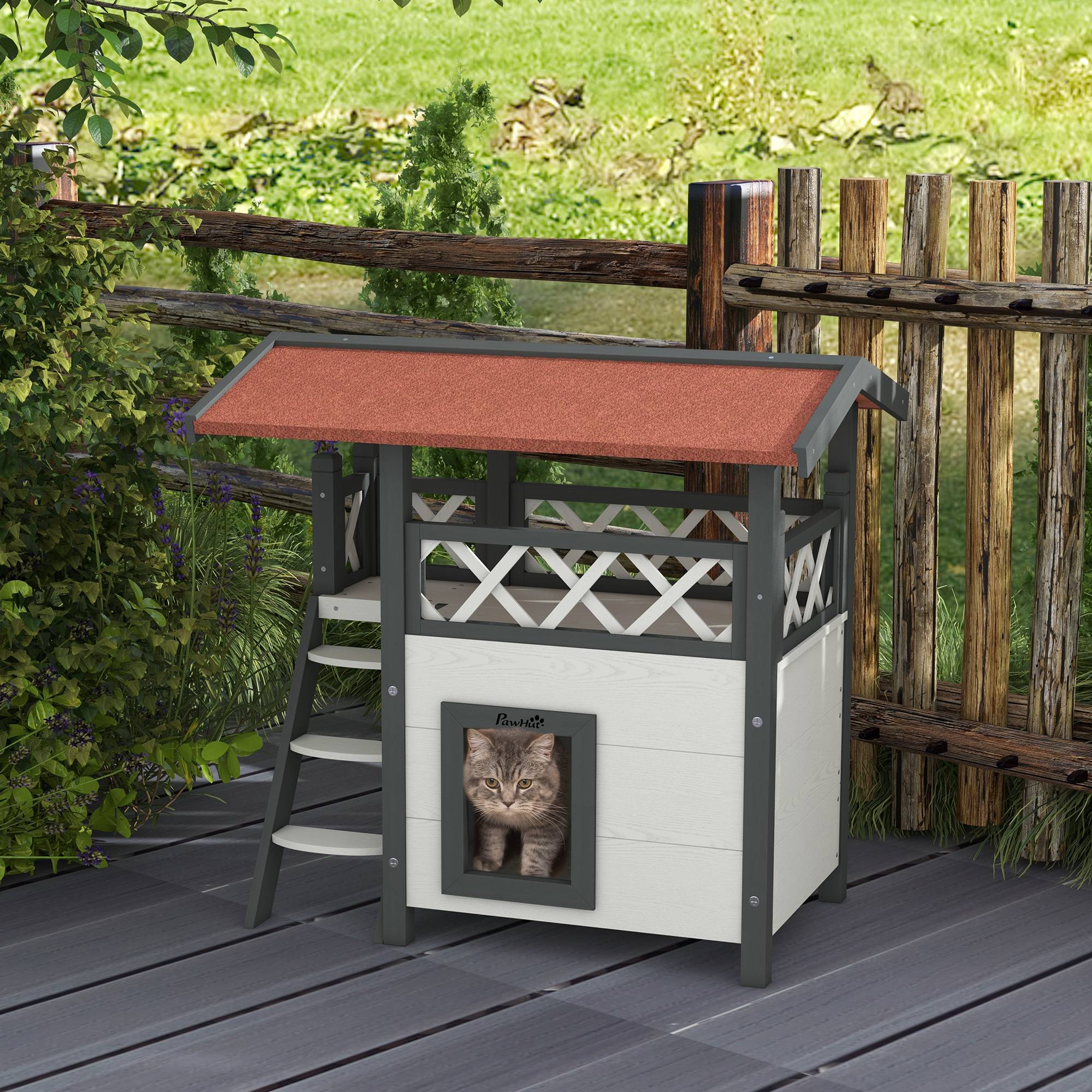 Niche extérieure pour chat avec terrasse et échelle en bois, 77 x 50 x 73 cm, blanc et gris - Image 3