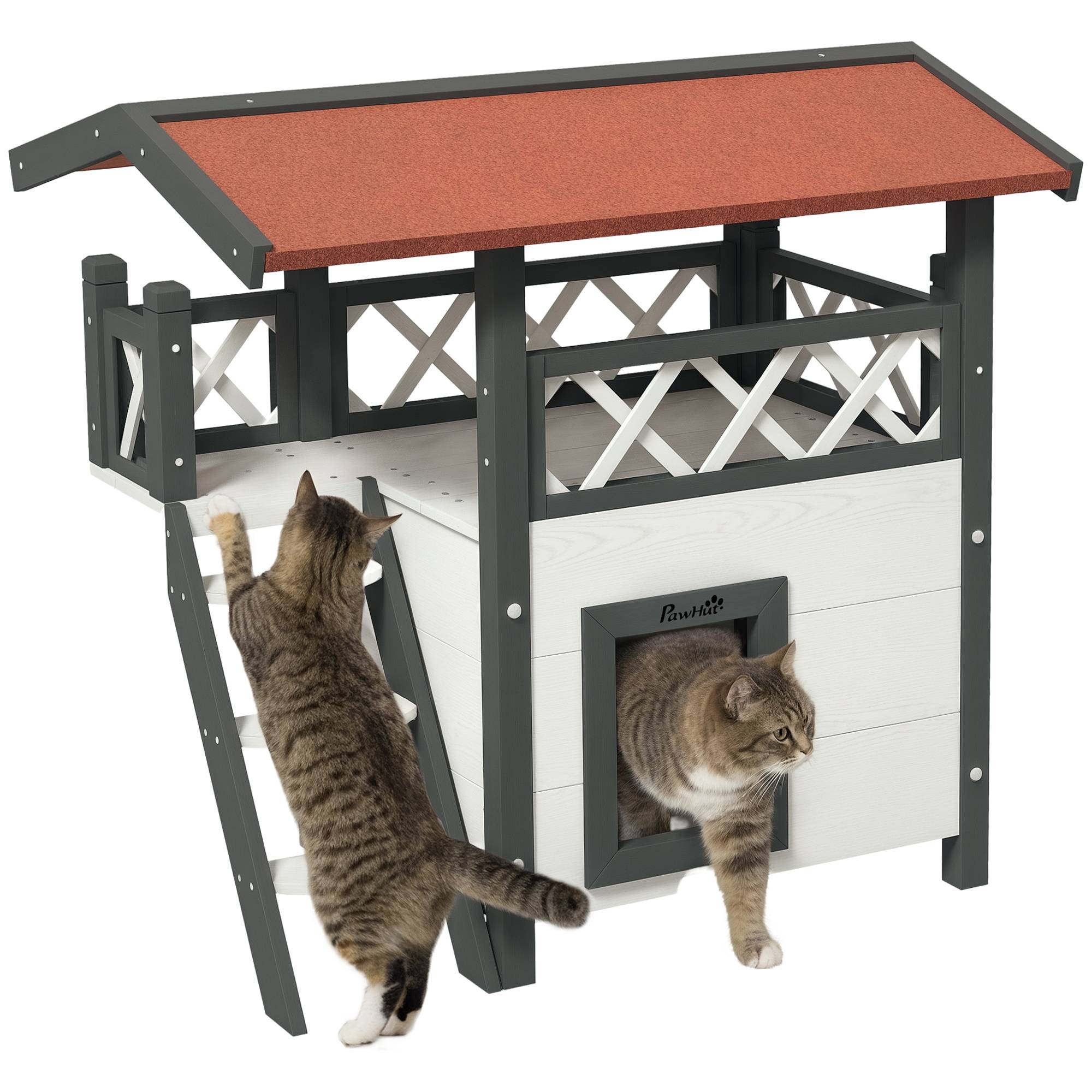 Niche extérieure pour chat avec terrasse et échelle en bois, 77 x 50 x 73 cm, blanc et gris - Image 1