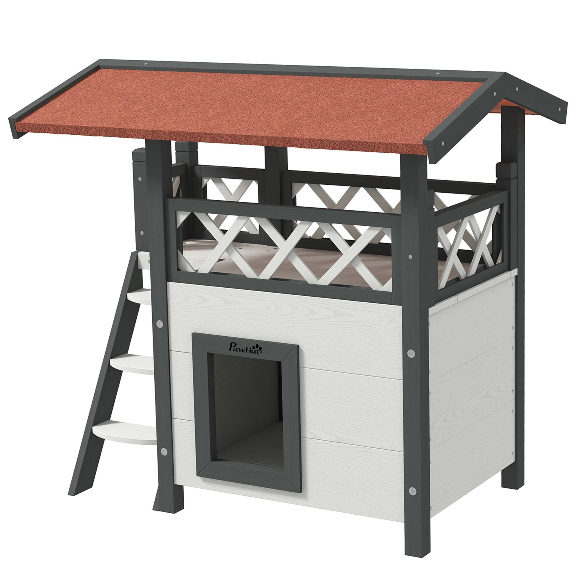 Niche extérieure pour chat avec terrasse et échelle en bois, 77 x 50 x 73 cm, blanc et gris - Image 2